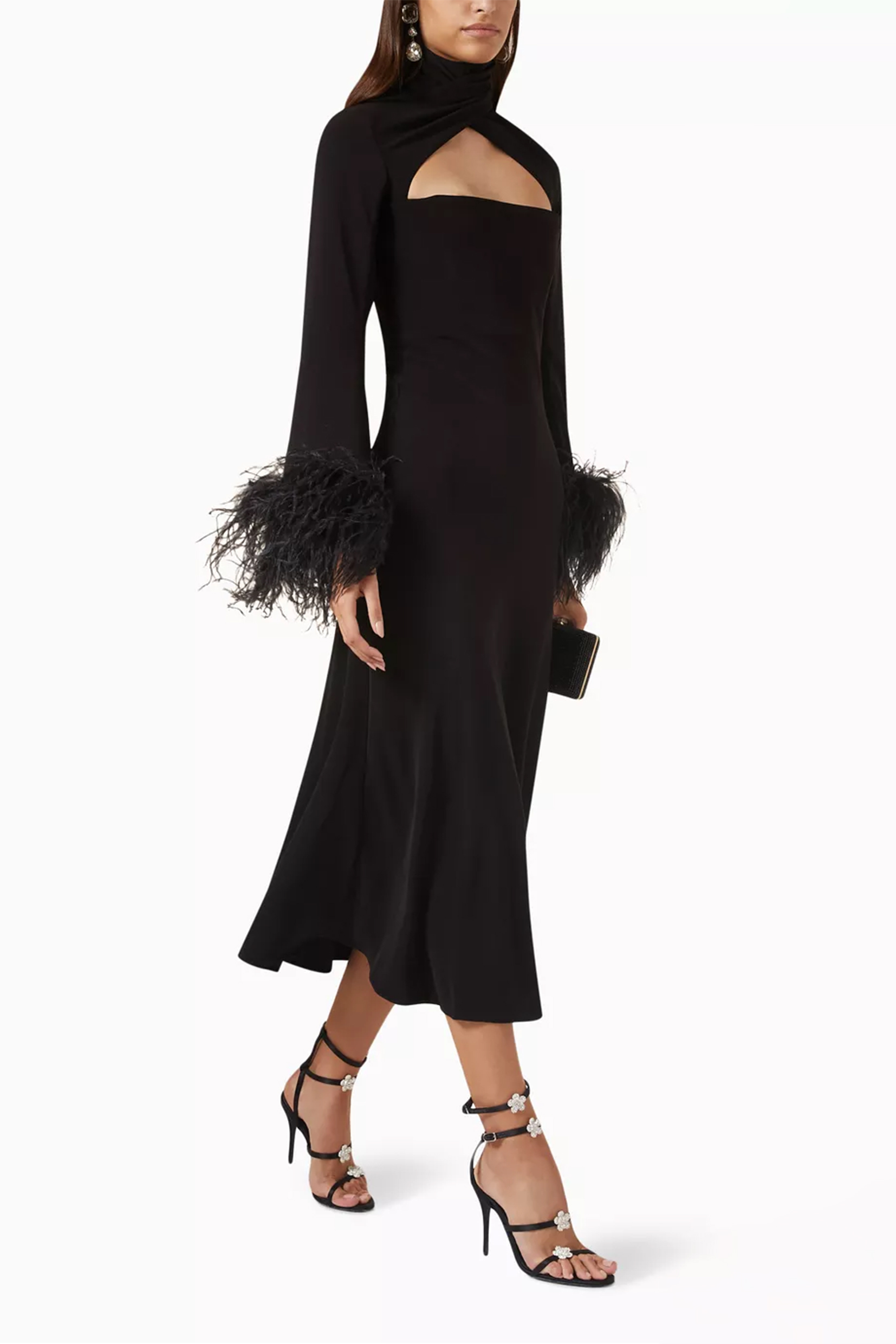 Feather Solid High Neck Midi Dress Black Feather Solid High Neck Midi Dress Black