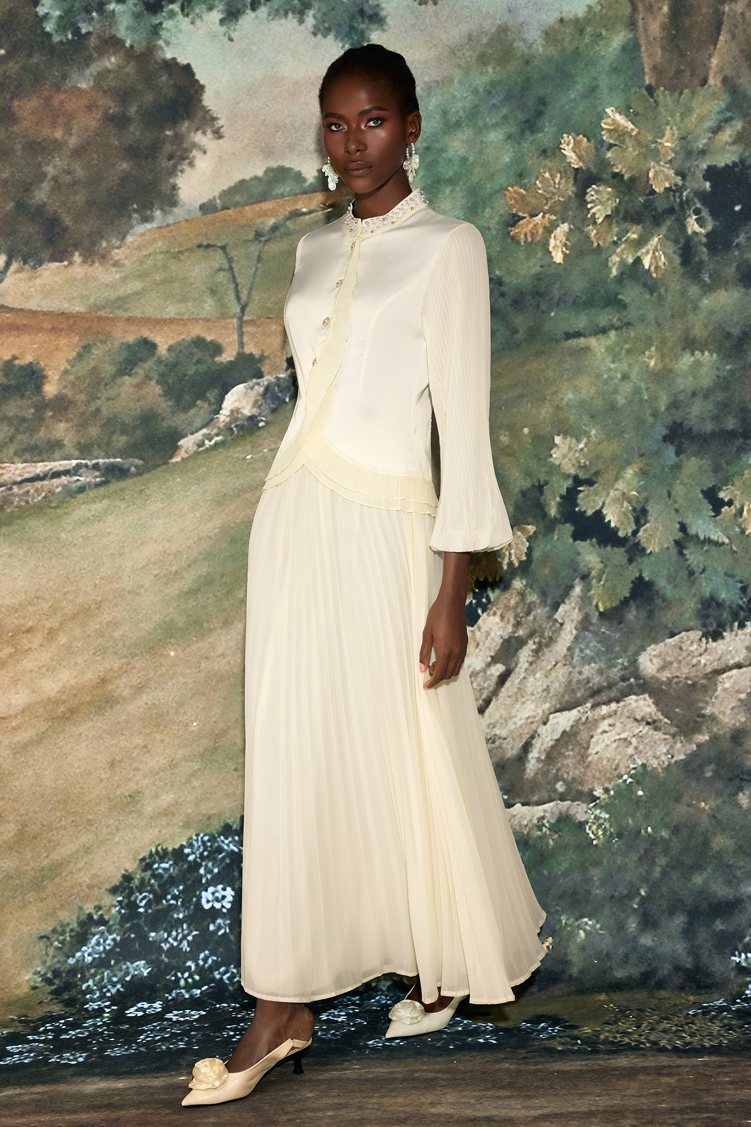 Chiffon Splicing Satin Top & High Waist Pleated Maxi Skirt Set