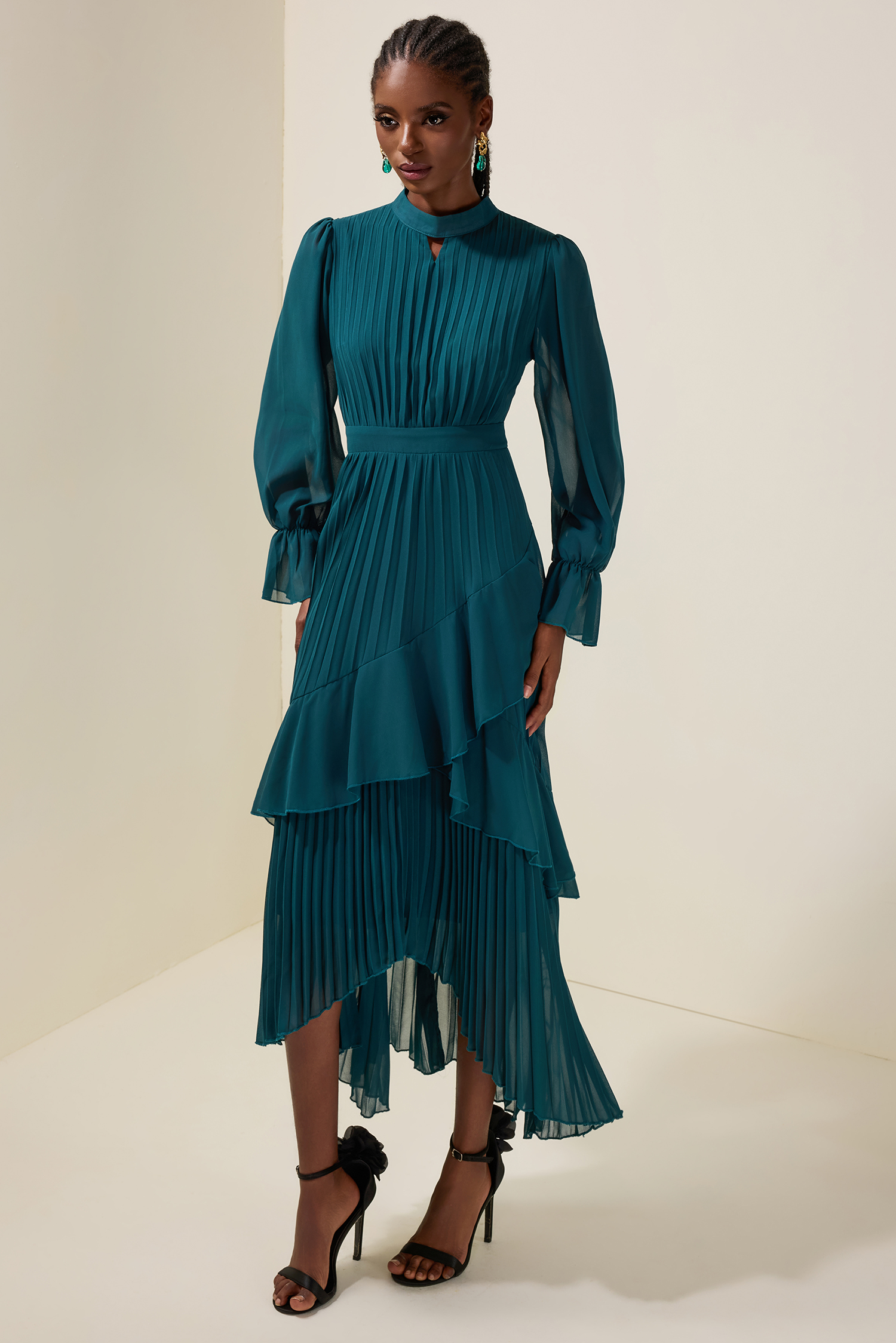 Chiffon Ruffle Pleated Midi Dress Chiffon Ruffle Pleated Midi Dress