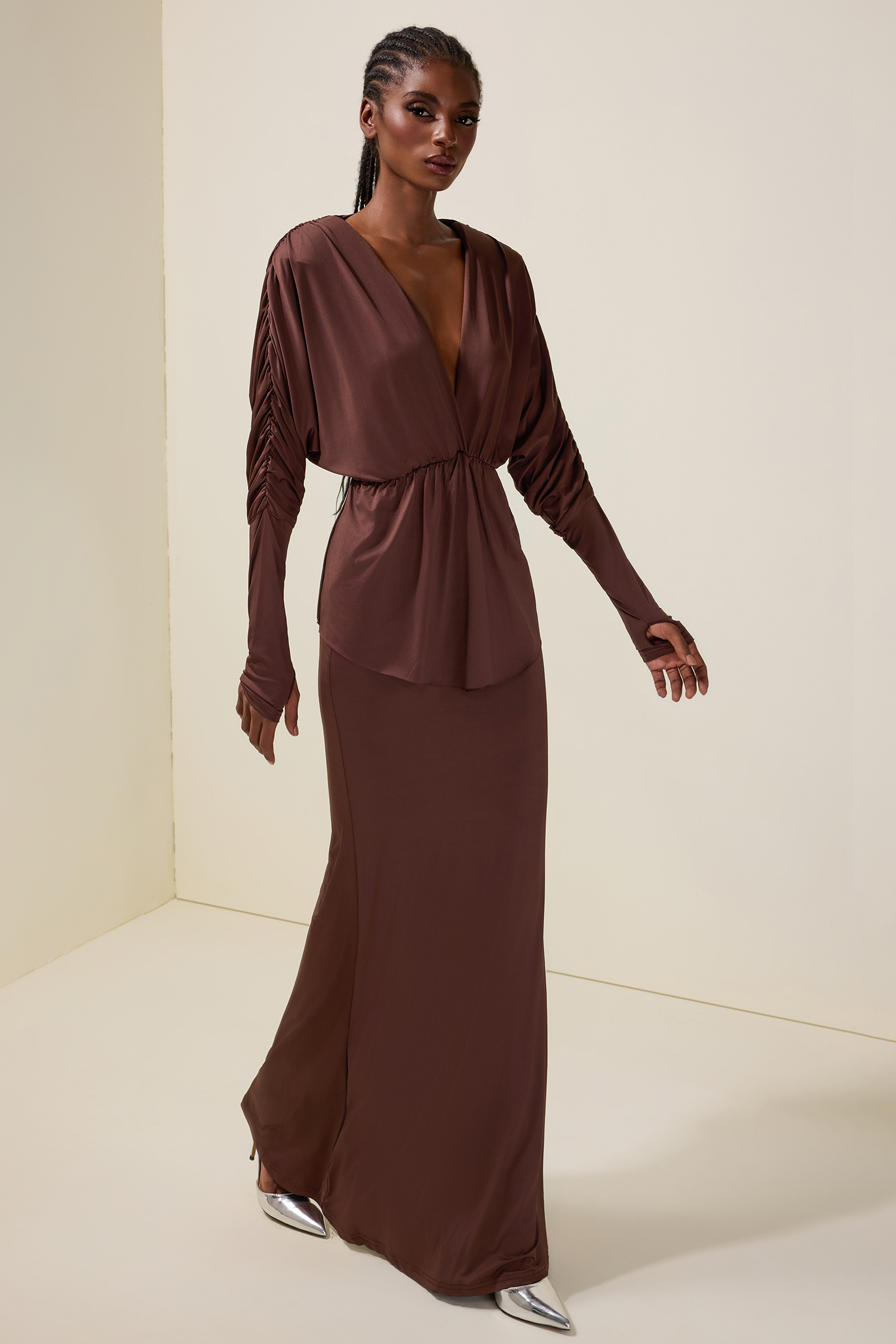 Jersey V-Neck Gathering Top & High Waist Maxi Skirt Set