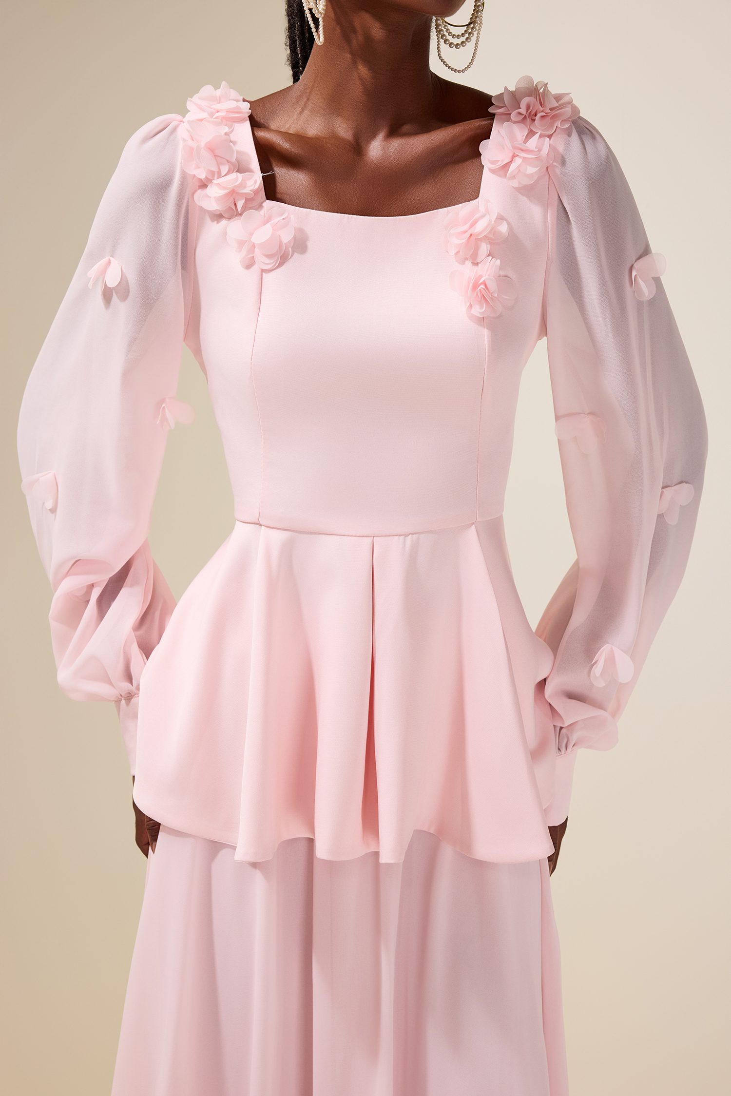 3D Flower Ruffle Top & Chiffon High Waist Midi Skirt Set