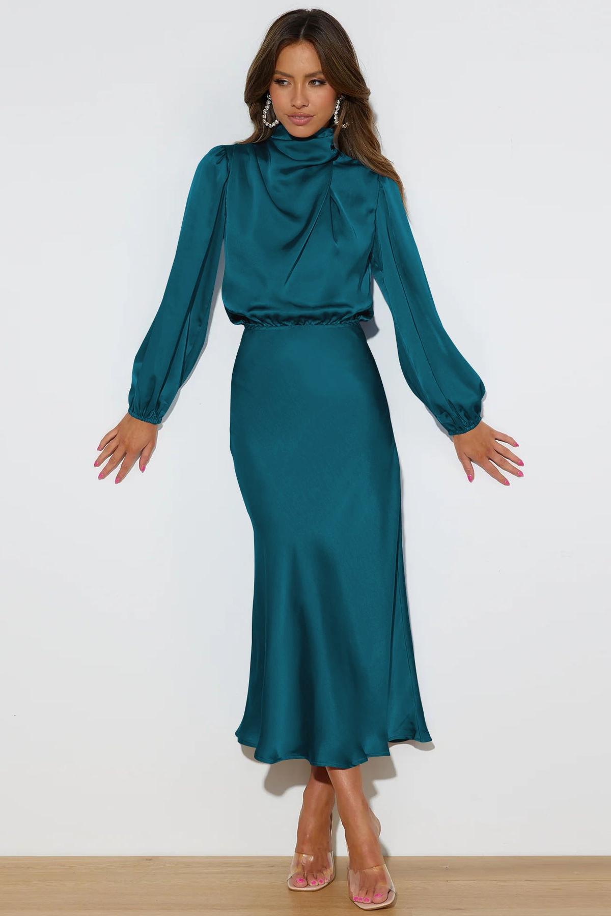 Satin High Neck Long Sleeve Midi Dress Satin High Neck Long Sleeve Midi Dress