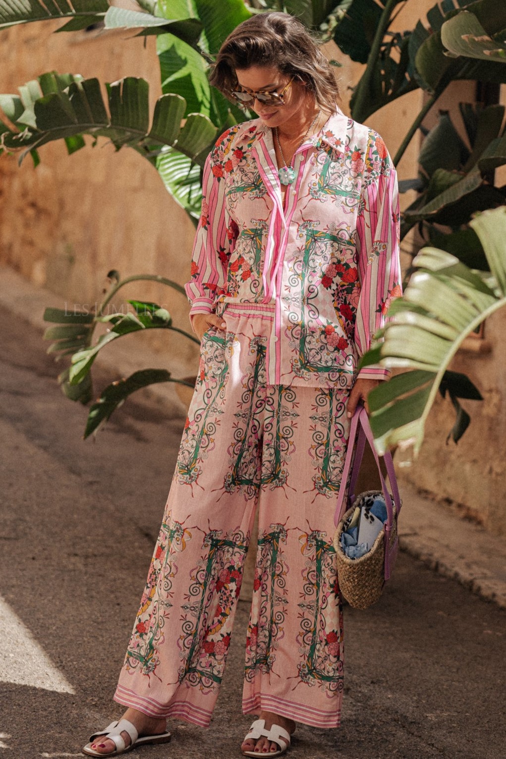Floral Bottom Long Sleeve Top & Mid Waist Wide Leg Pants Set Floral Bottom Long Sleeve Top & Mid Waist Wide Leg Pants Set