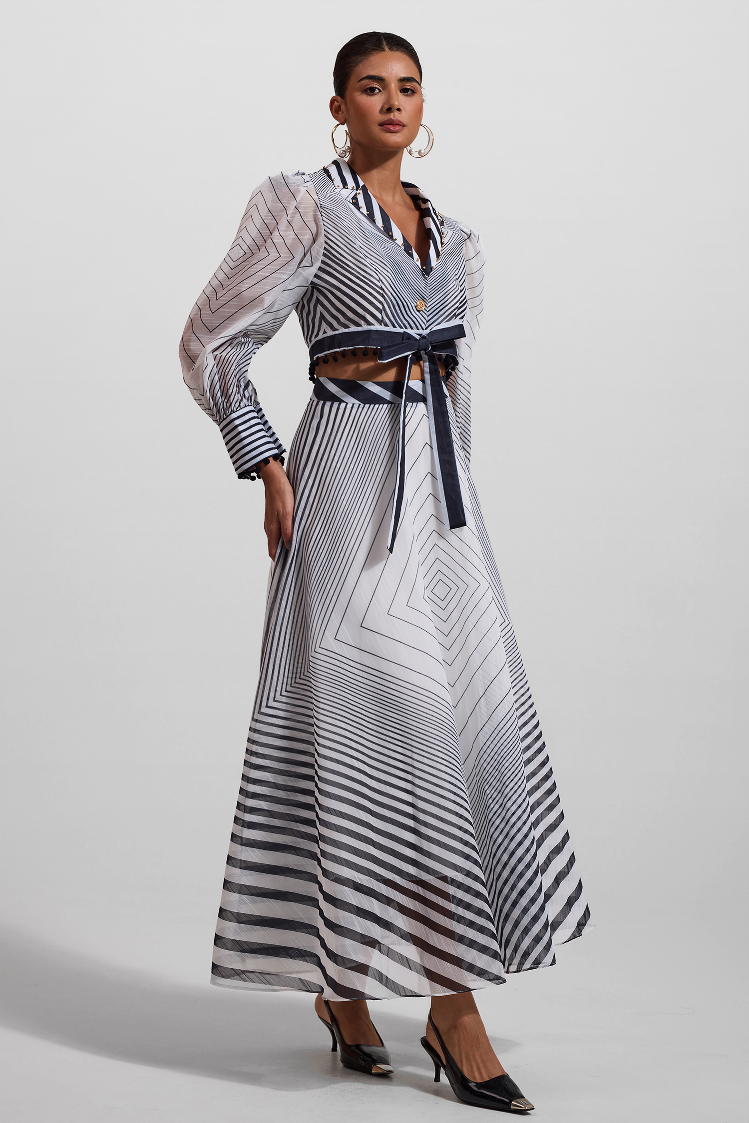 Stripe Lace Up Long Sleeve Top & Mid Waist Pleat Midi Skirt Set