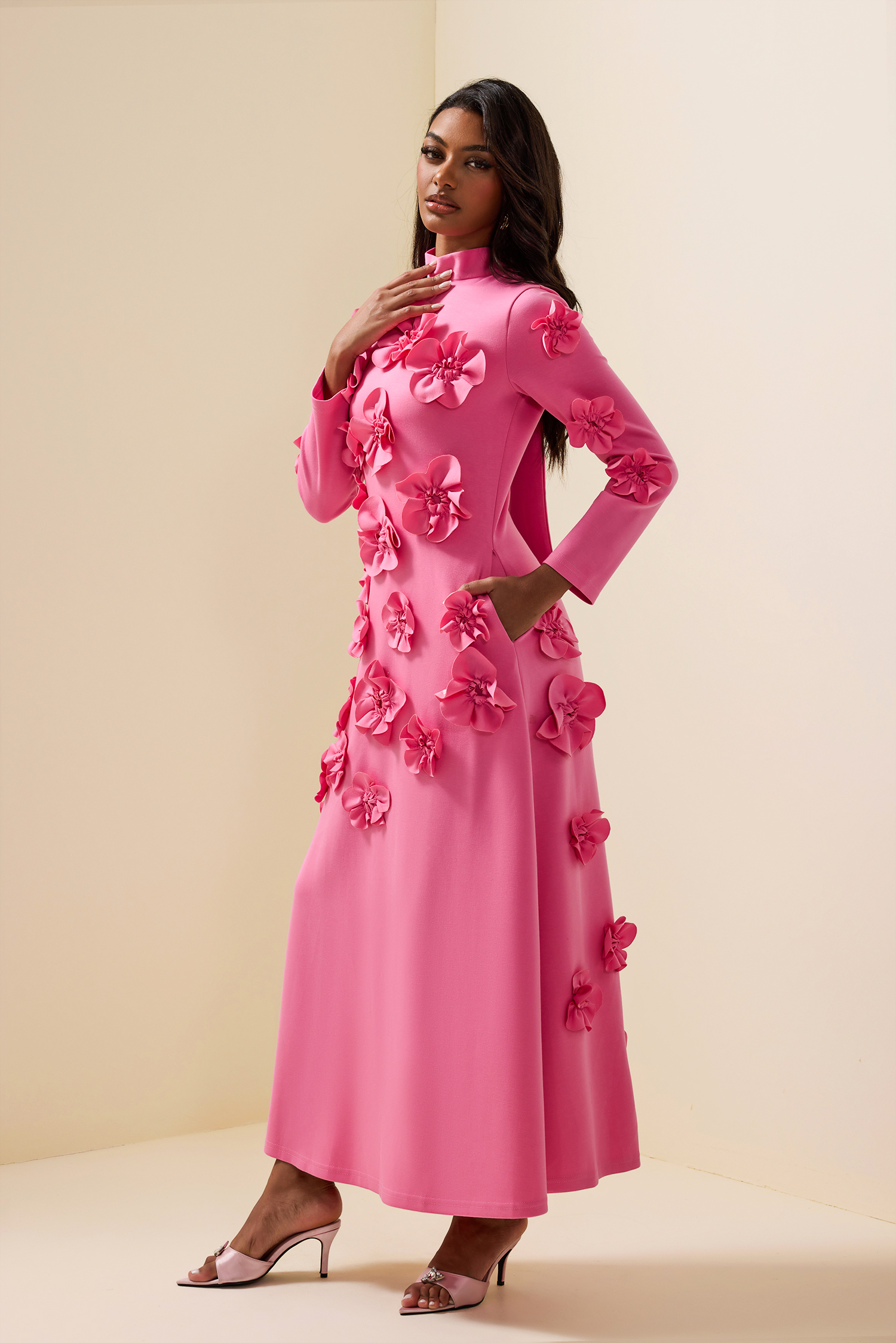 3D Flower Stand Collar Long Sleeve Midi Dress 3D Flower Stand Collar Long Sleeve Midi Dress