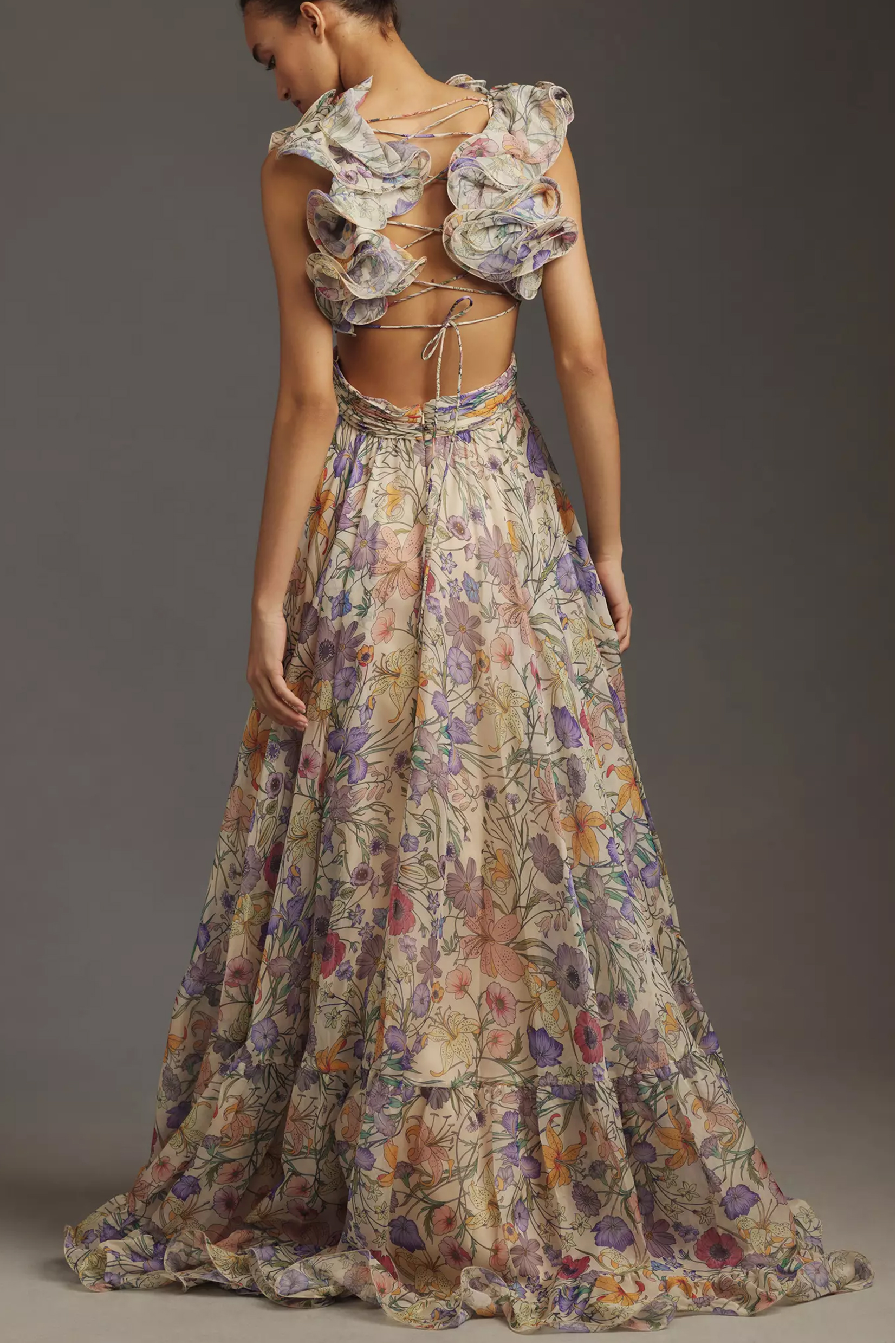 Floral Pleated Backless Lace Up Maxi Dress Floral Pleated Backless Lace Up Maxi Dress