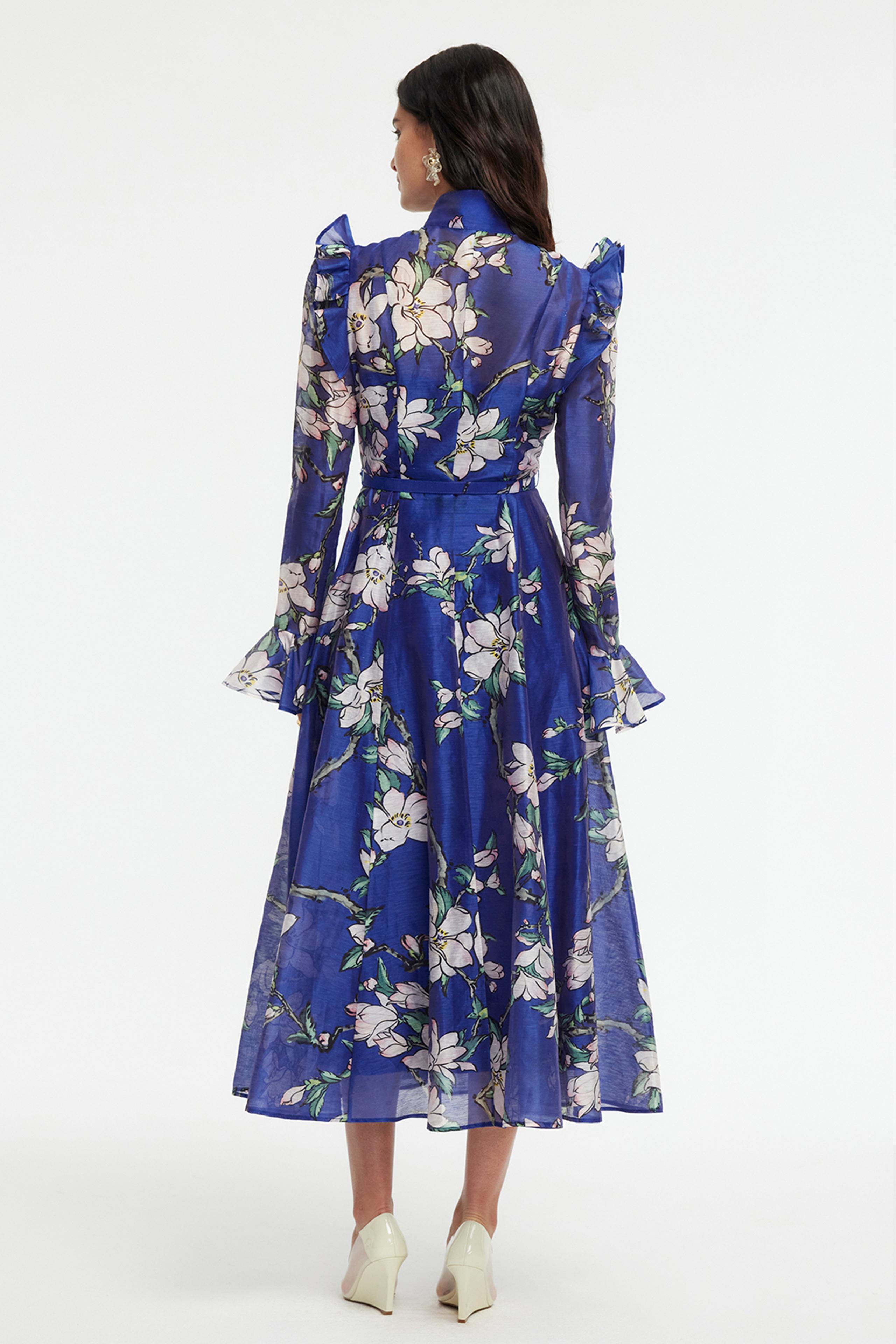 Floral Ruffle Midi Dress With Belt Floral Ruffle Midi Dress With Belt