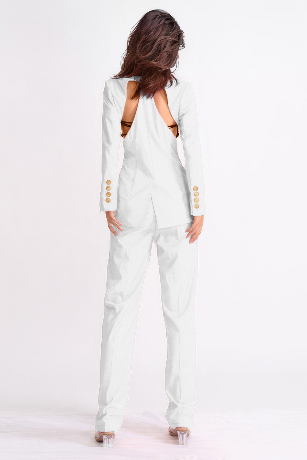 Solid Long Sleeve Cut-Out Backless Blazer & Solid Long Pants Set