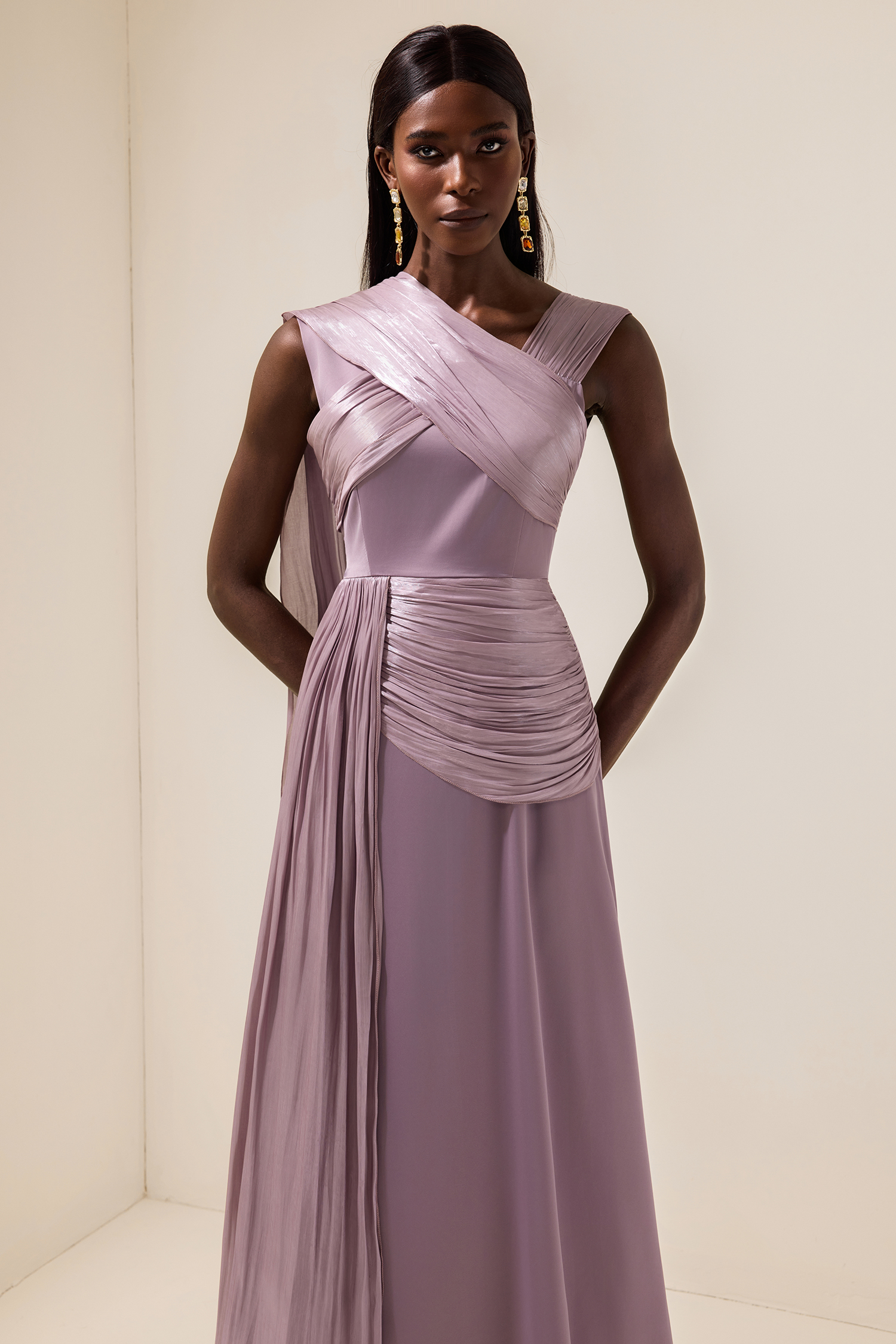 Satin Gathering Cape Sleeve Midi Dress Satin Gathering Cape Sleeve Midi Dress