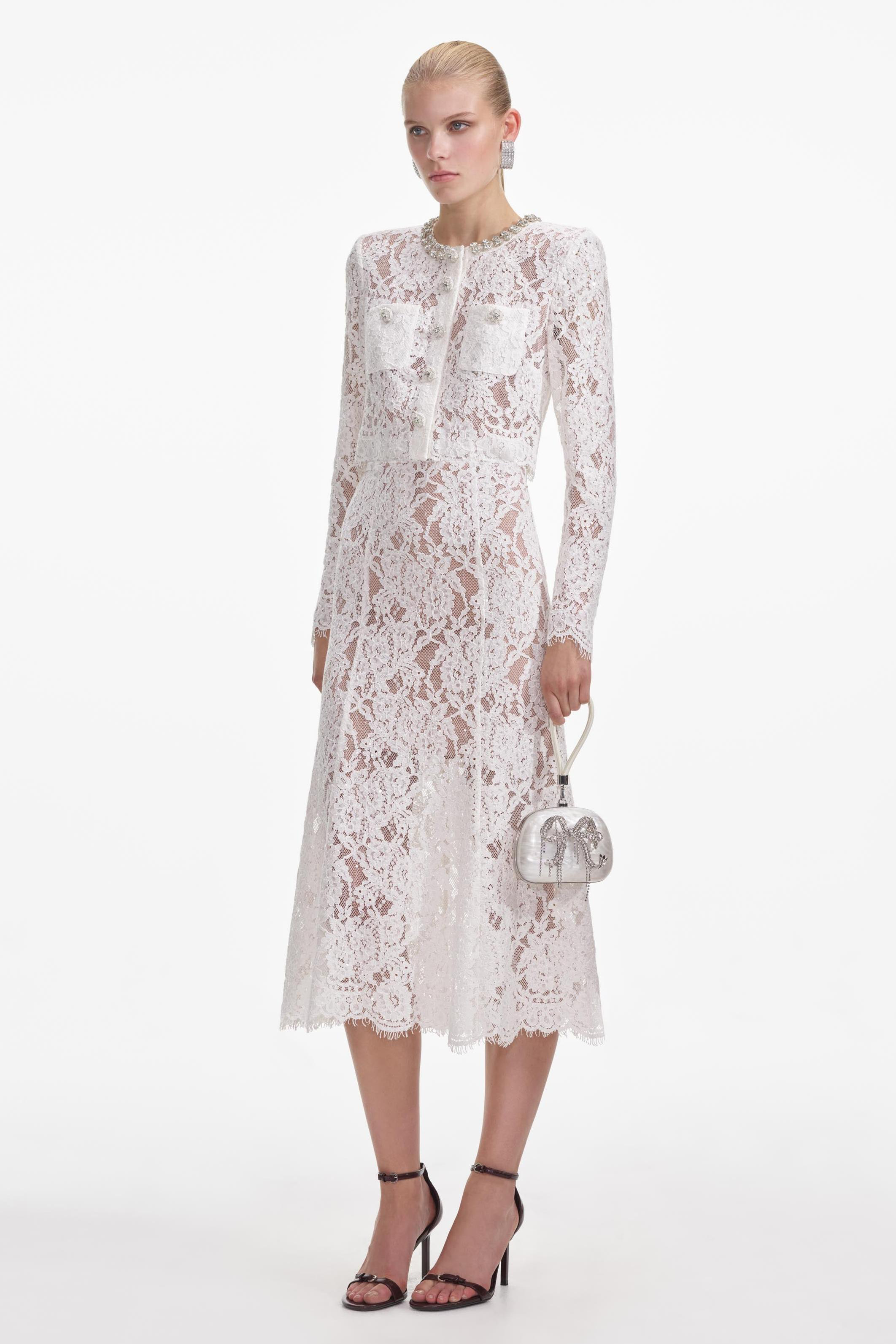 Lace Sequin Rhinestone Long Sleeve Top & High Waist Midi Skirt Set