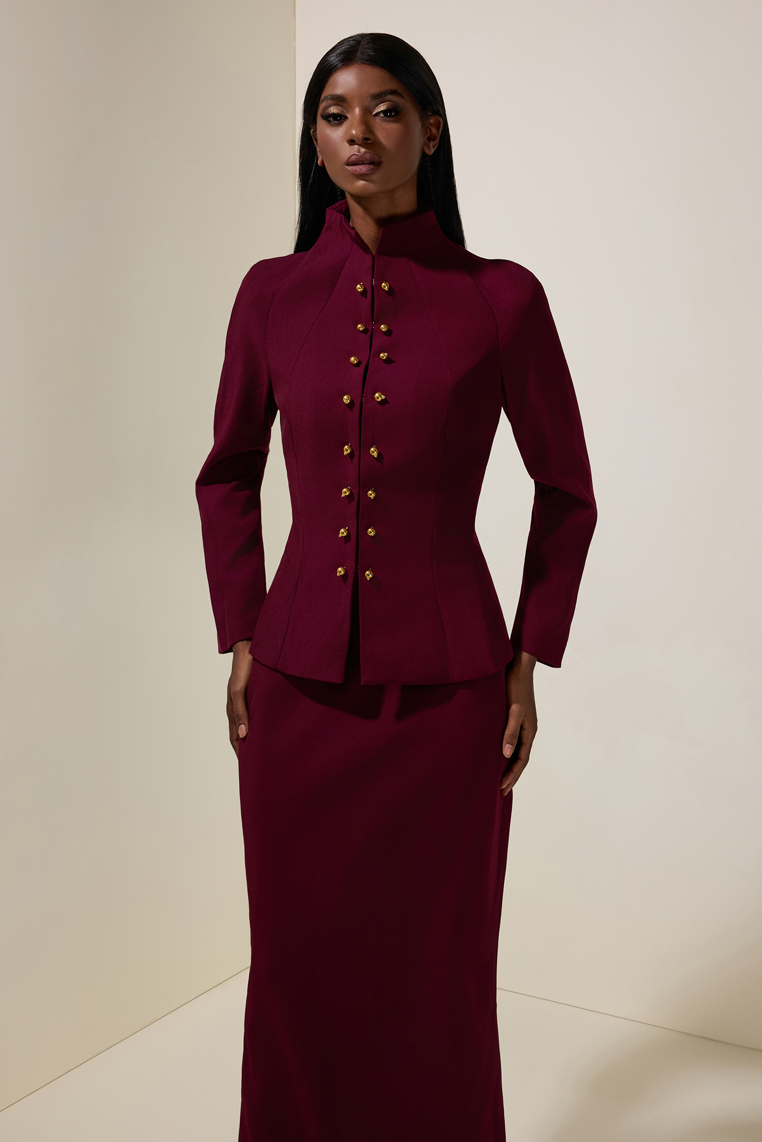 Metal Button Stand Collar Top & Mid Waist Midi Skirt Set