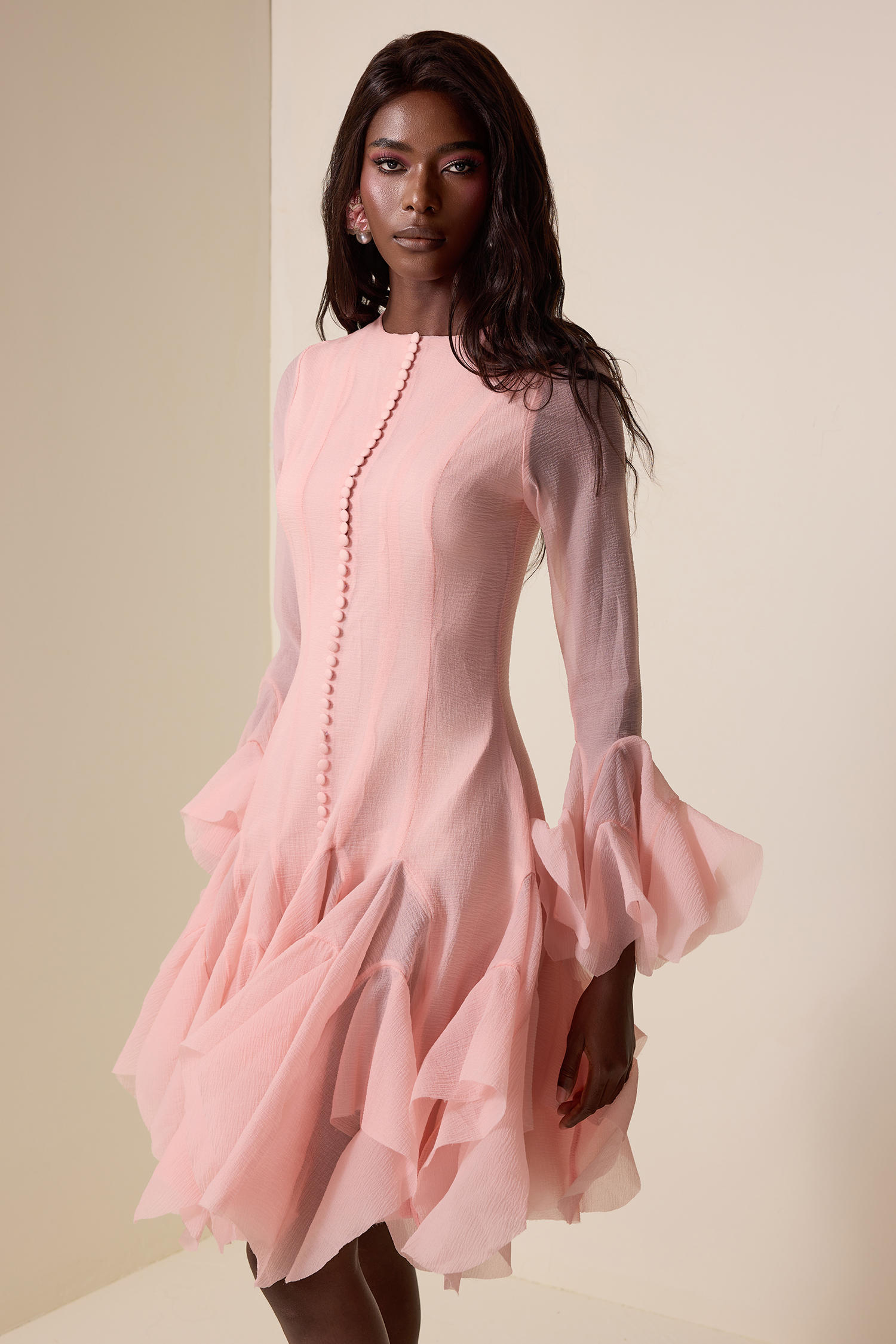Solid Ruffle Bell Sleeve Midi Dress Solid Ruffle Bell Sleeve Midi Dress