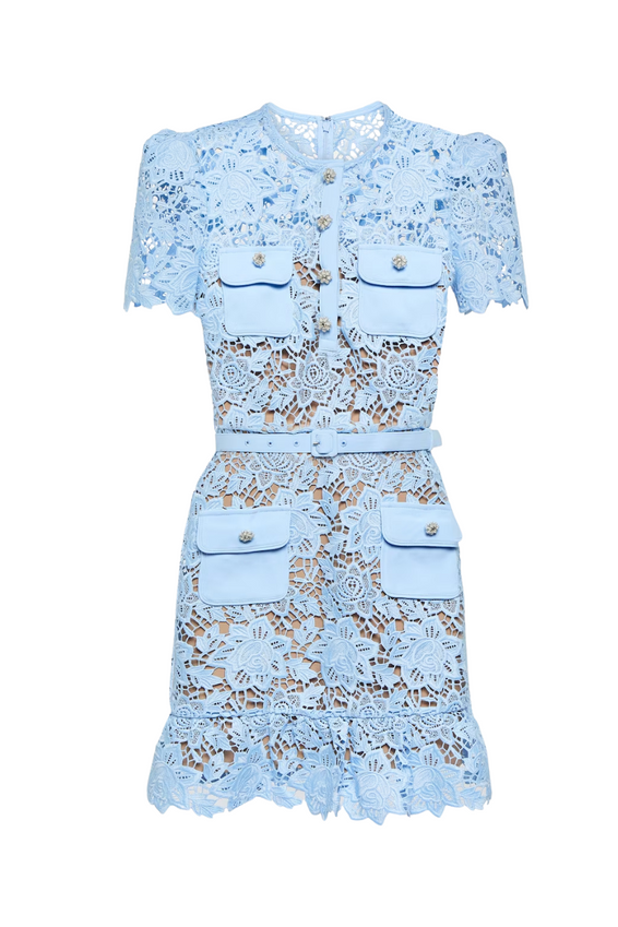 Lace Round Neck Button Mini Dress With Belt Lace Round Neck Button Mini Dress With Belt