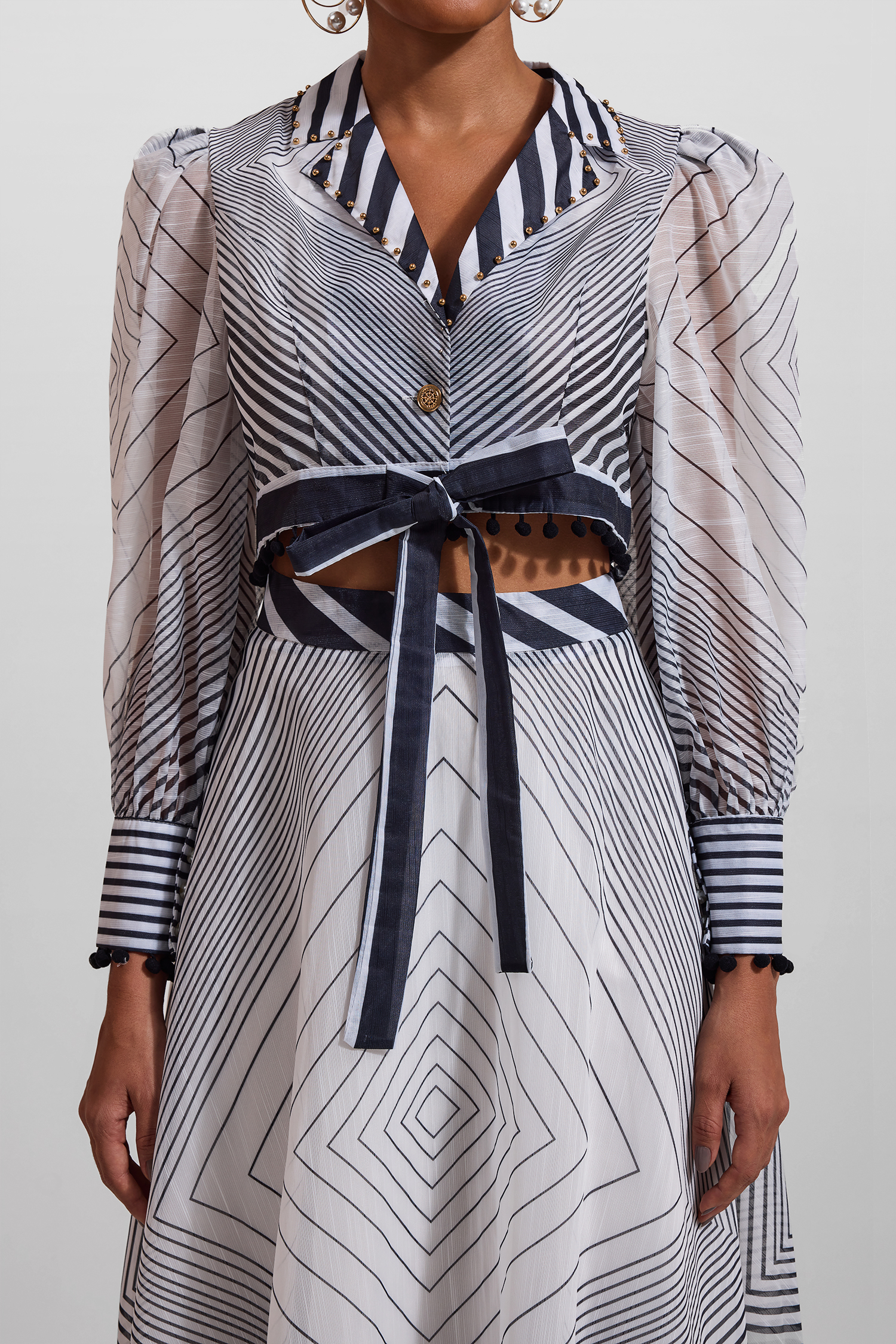 Stripe Lace Up Long Sleeve Top & Mid Waist Pleat Midi Skirt Set