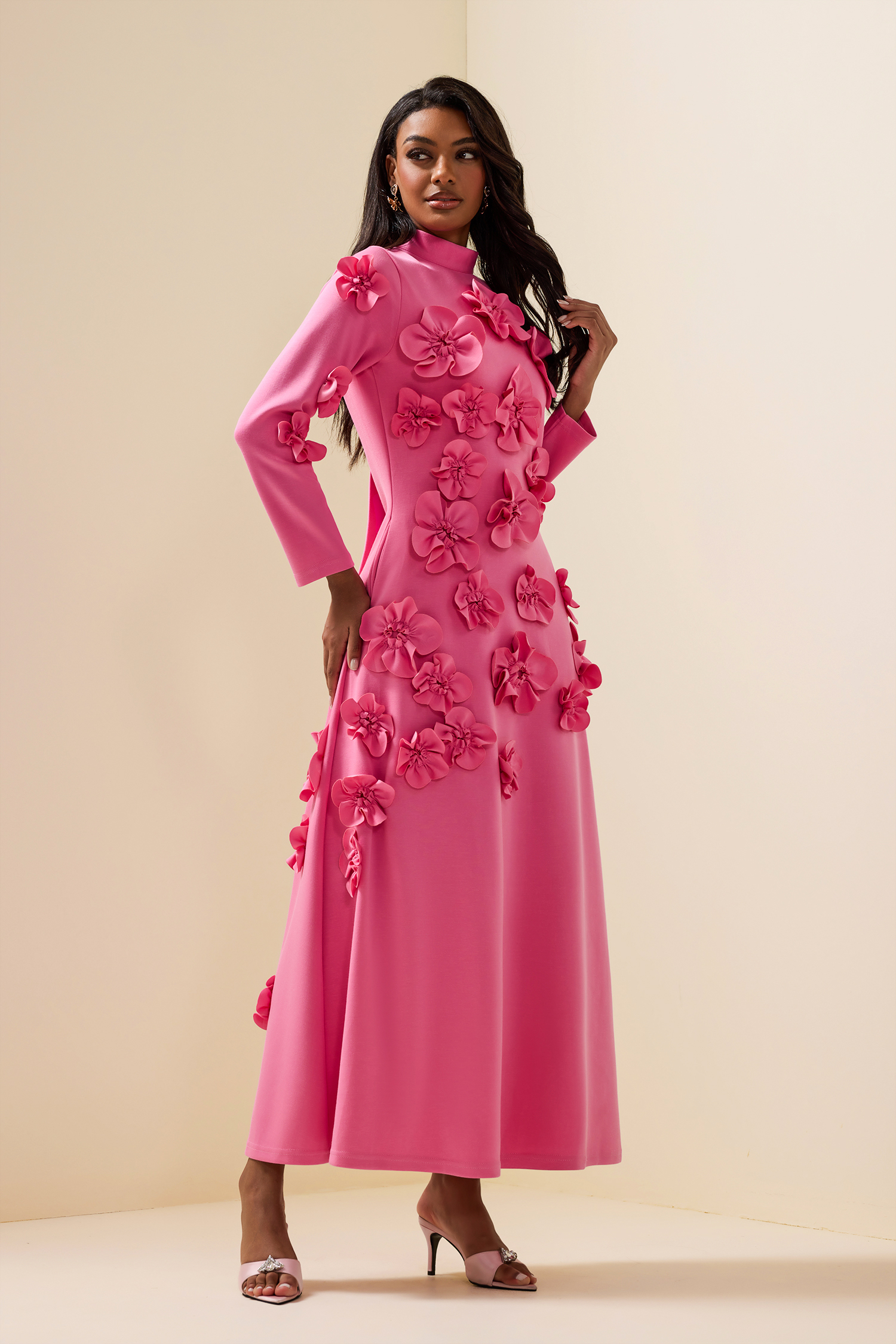 3D Flower Stand Collar Long Sleeve Midi Dress 3D Flower Stand Collar Long Sleeve Midi Dress