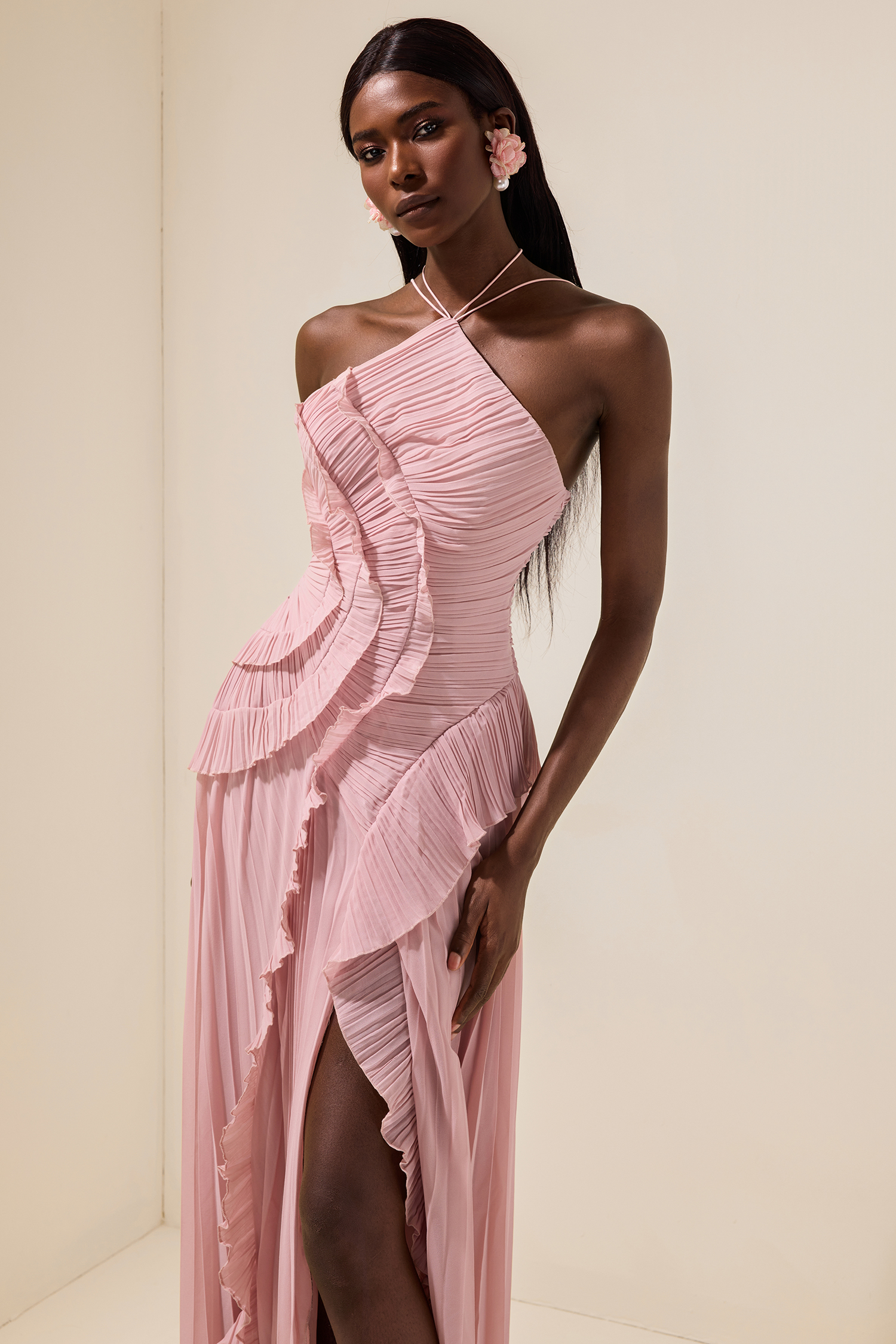 Pleated Frill Halter Neck Midi Dress Pleated Frill Halter Neck Midi Dress