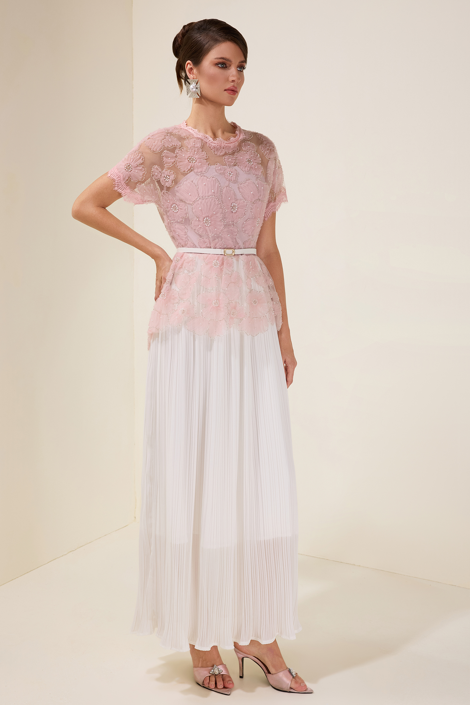 Lace Splicing Pleated Midi Dress With Belt Lace Splicing Pleated Midi Dress With Belt