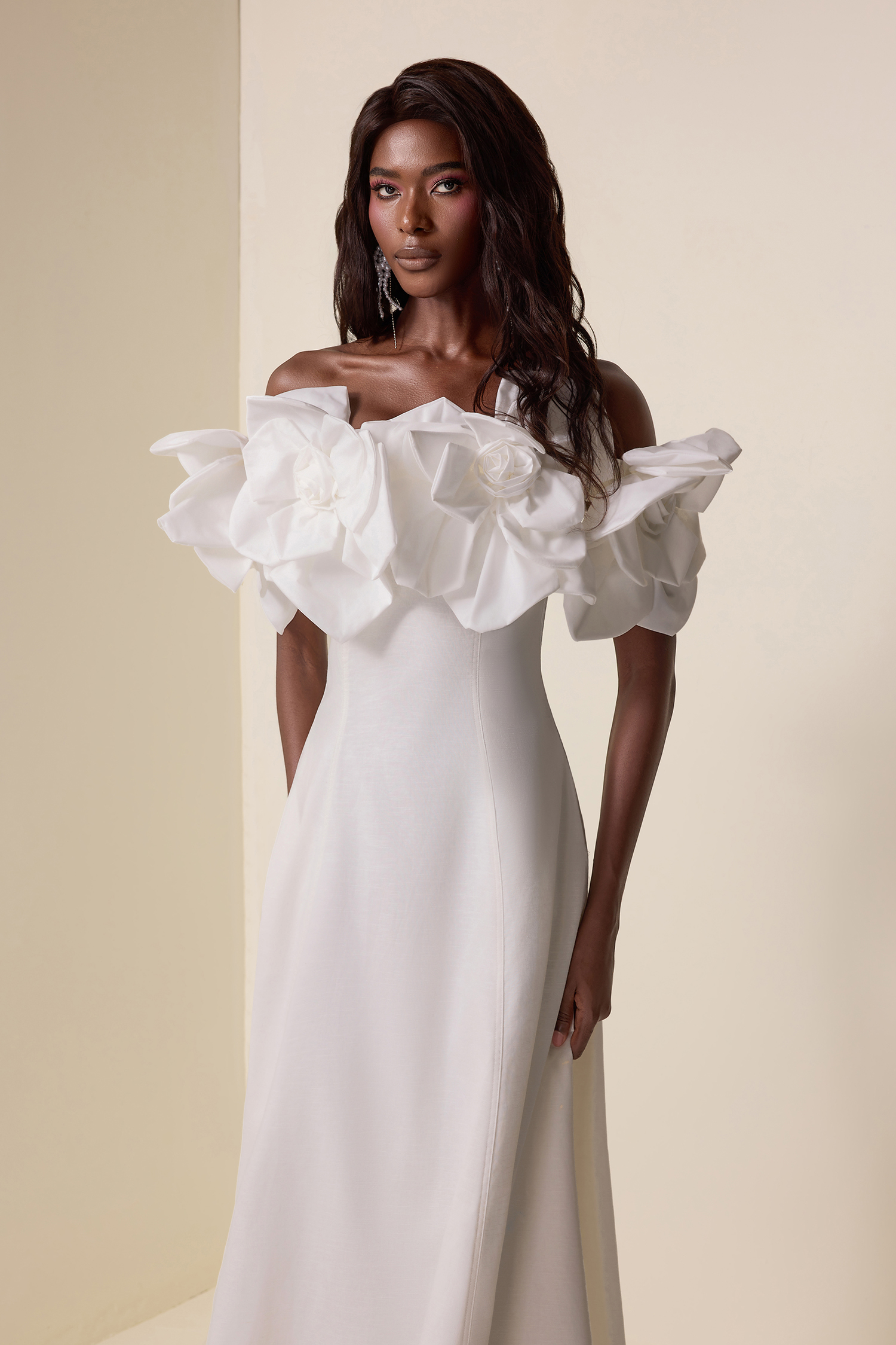 3D Flower Solid Off-Shoulder Midi Dress 3D Flower Solid Off-Shoulder Midi Dress