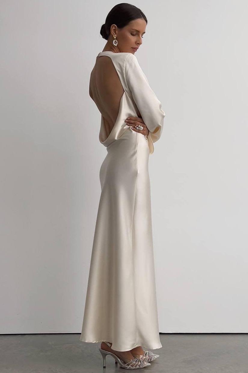 Satin Backless Knotted Bell Sleeve Midi Dress Satin Backless Knotted Bell Sleeve Midi Dress