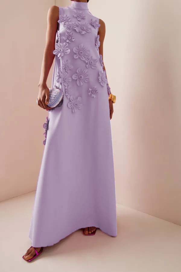 3D Floral High Neck Sleeveless Maxi Dress 3D Floral High Neck Sleeveless Maxi Dress