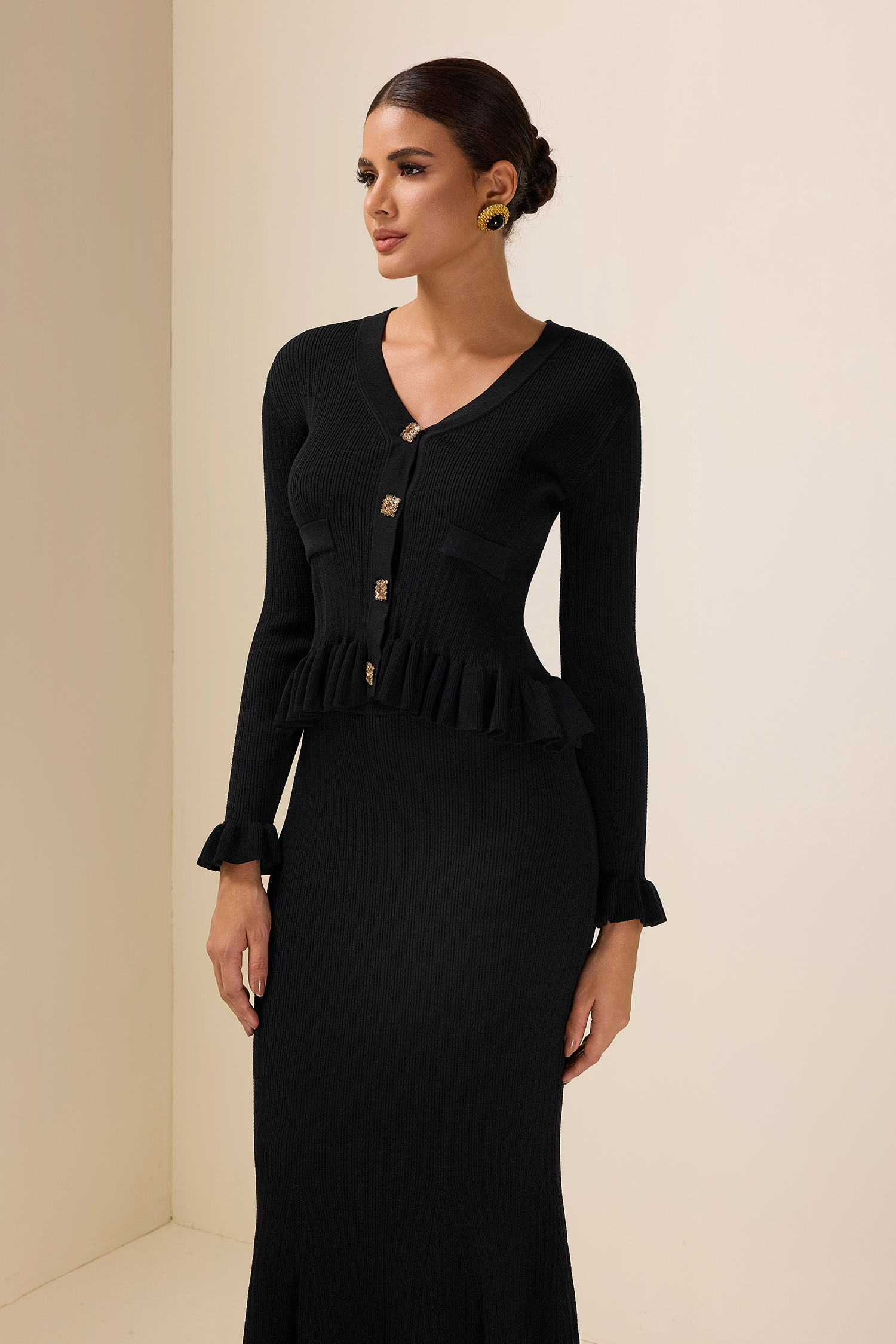 Solid Metal Button Top & High Waist Knit Midi Skirt Set Solid Metal Button Top & High Waist Knit Midi Skirt Set