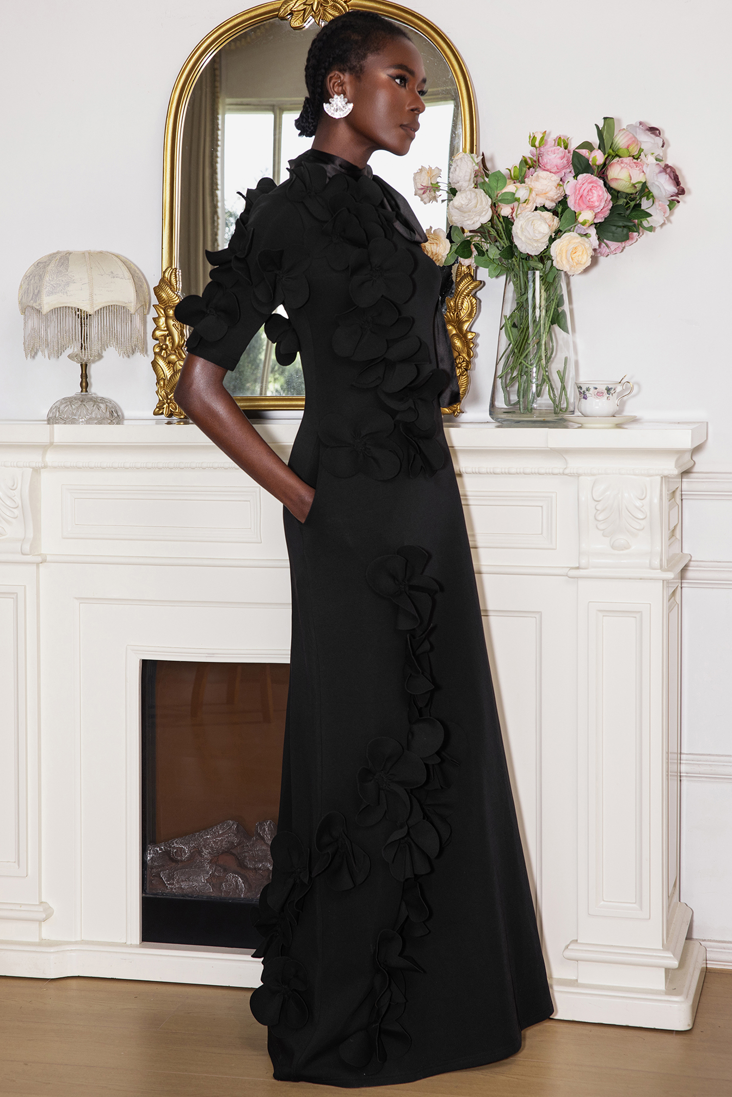 3D Flower Lace Up Mid Sleeve Maxi Dress 3D Flower Lace Up Mid Sleeve Maxi Dress