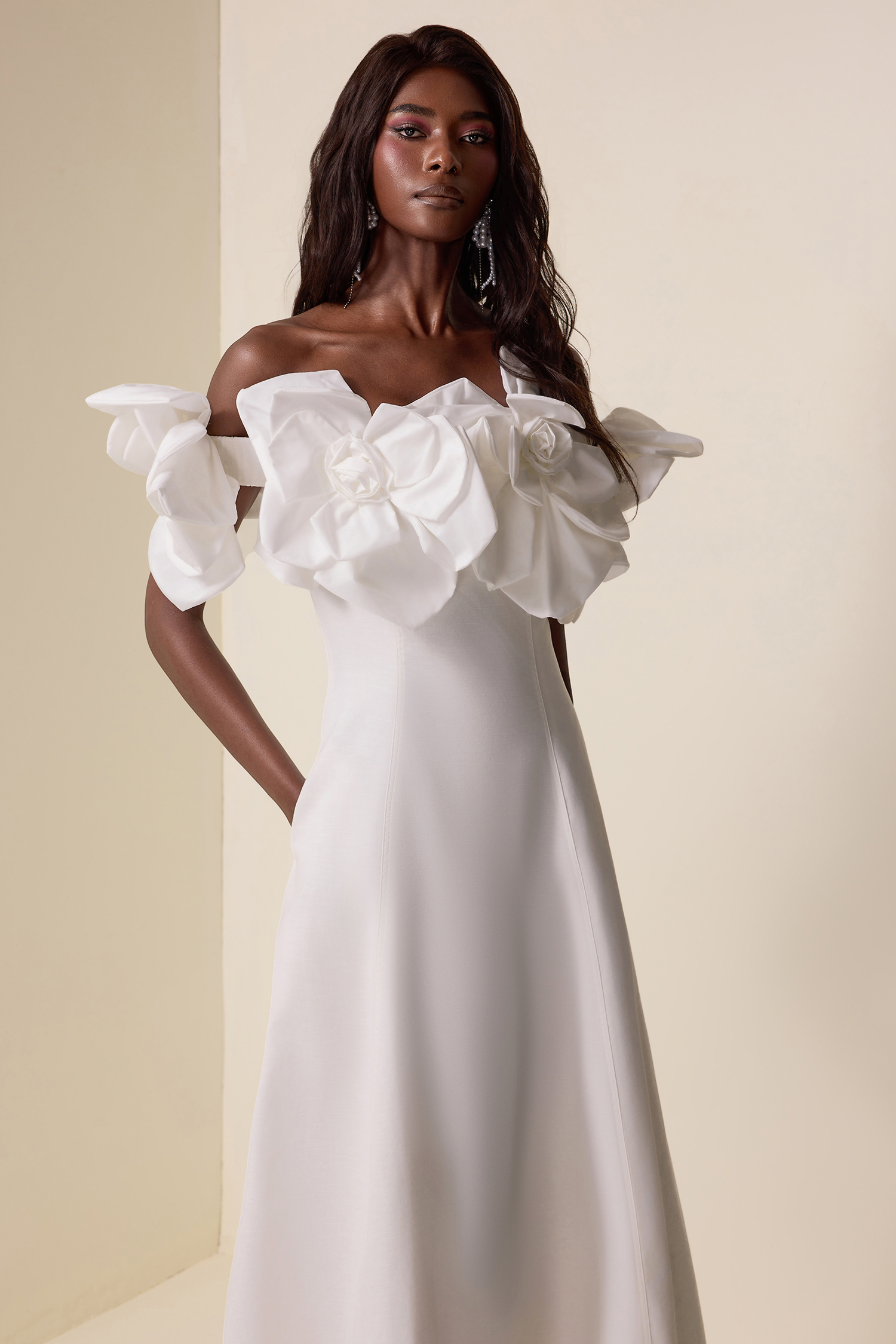 3D Flower Solid Off-Shoulder Midi Dress 3D Flower Solid Off-Shoulder Midi Dress