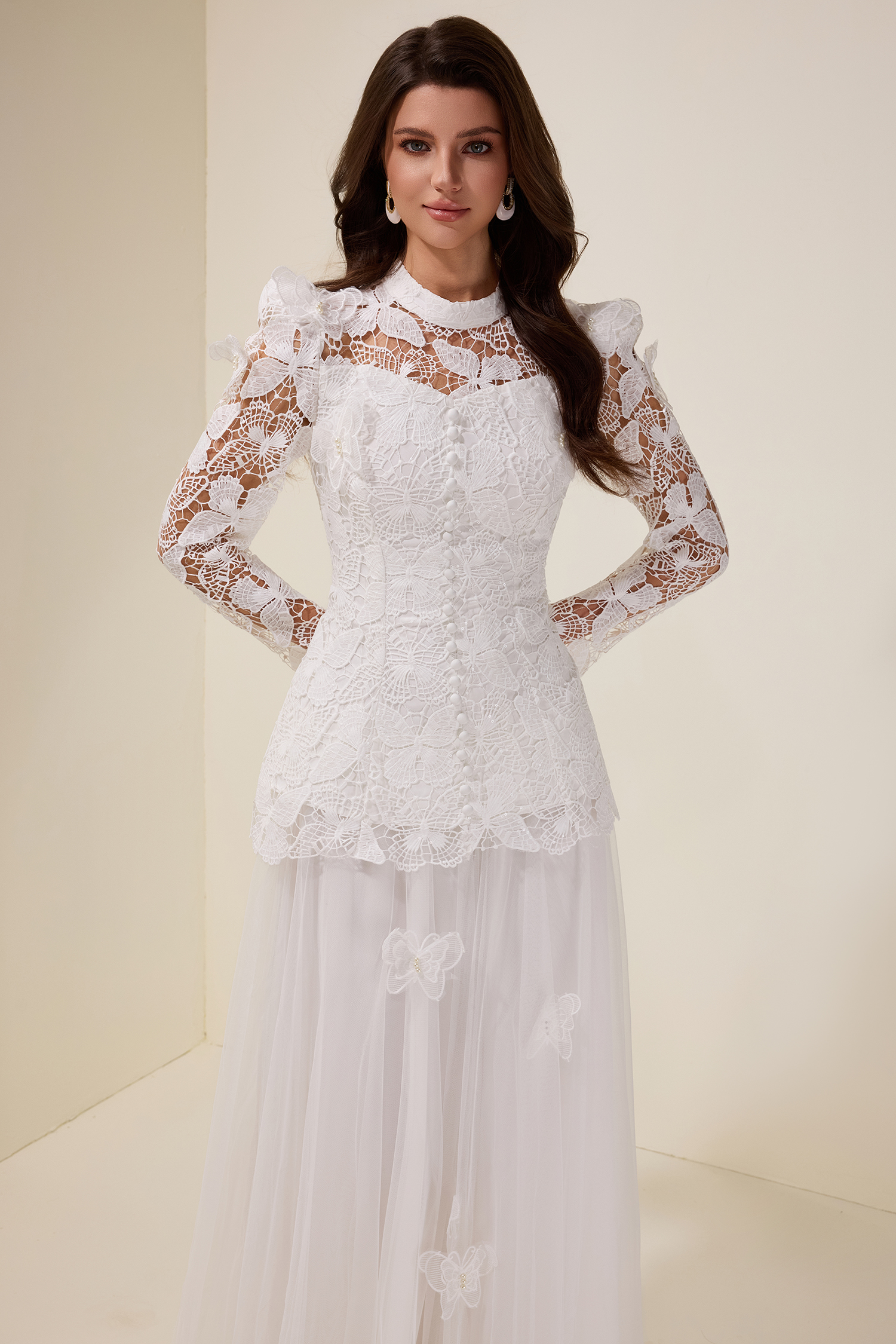 Embroidery Solid Top & Mesh Midi Skirt Set