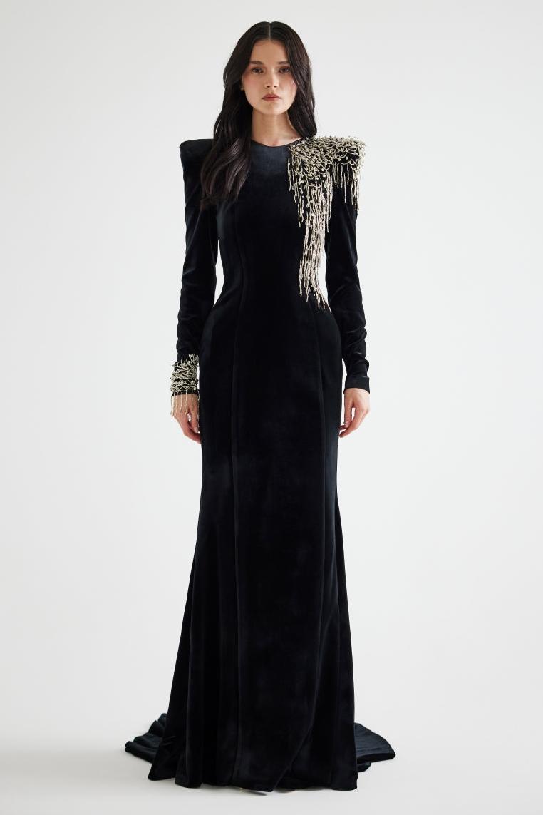 Nail Bead Embroidery Velvet Maxi Dress Nail Bead Embroidery Velvet Maxi Dress