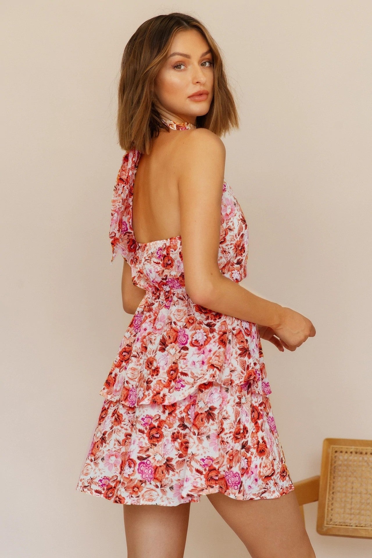 Floral Halter Neck Backless Ruffle Hem Mini Dress Floral Halter Neck Backless Ruffle Hem Mini Dress