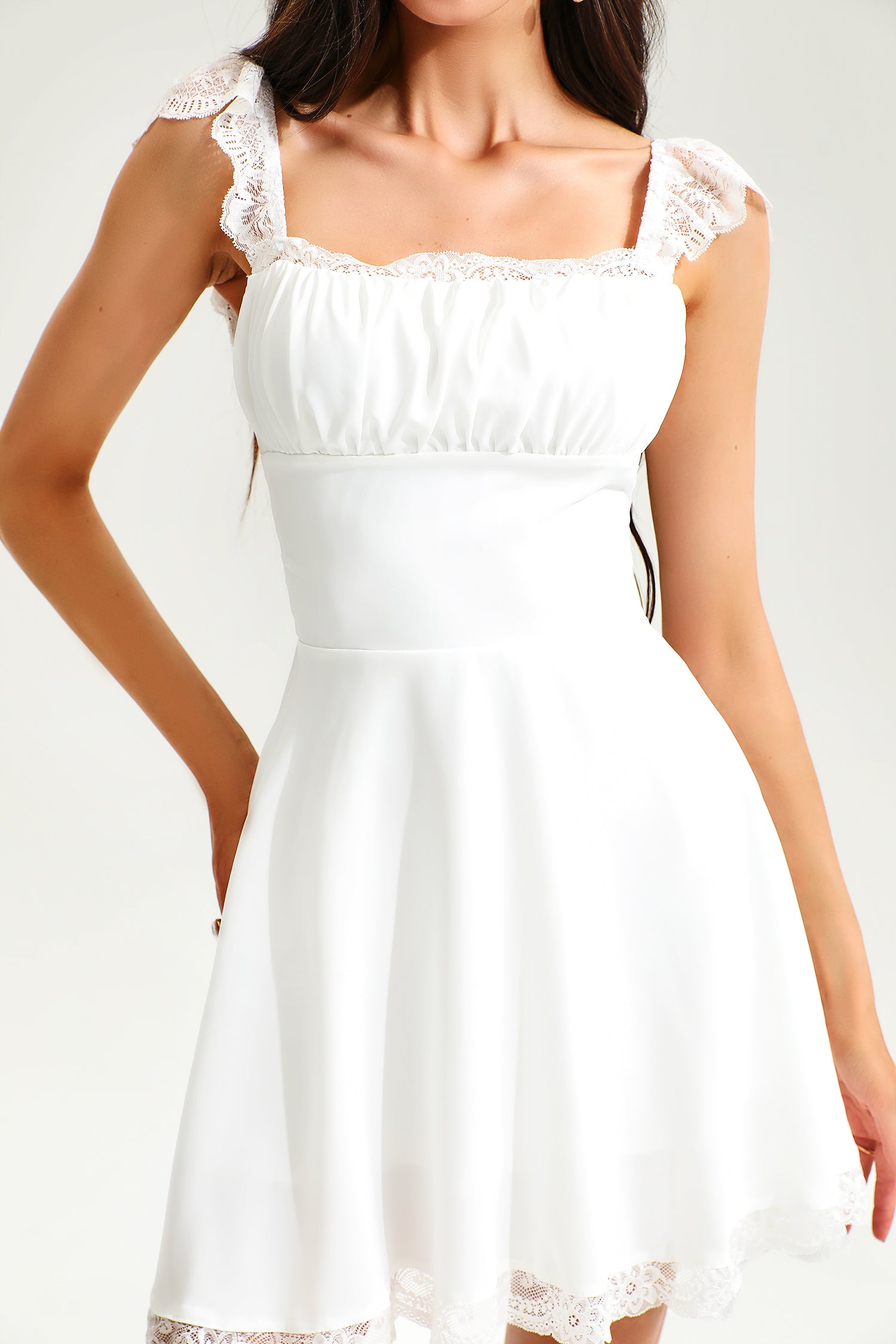 Lace Hem Square Collar Corset Pleated Mini Dress White Lace Hem Square Collar Corset Pleated Mini Dress White