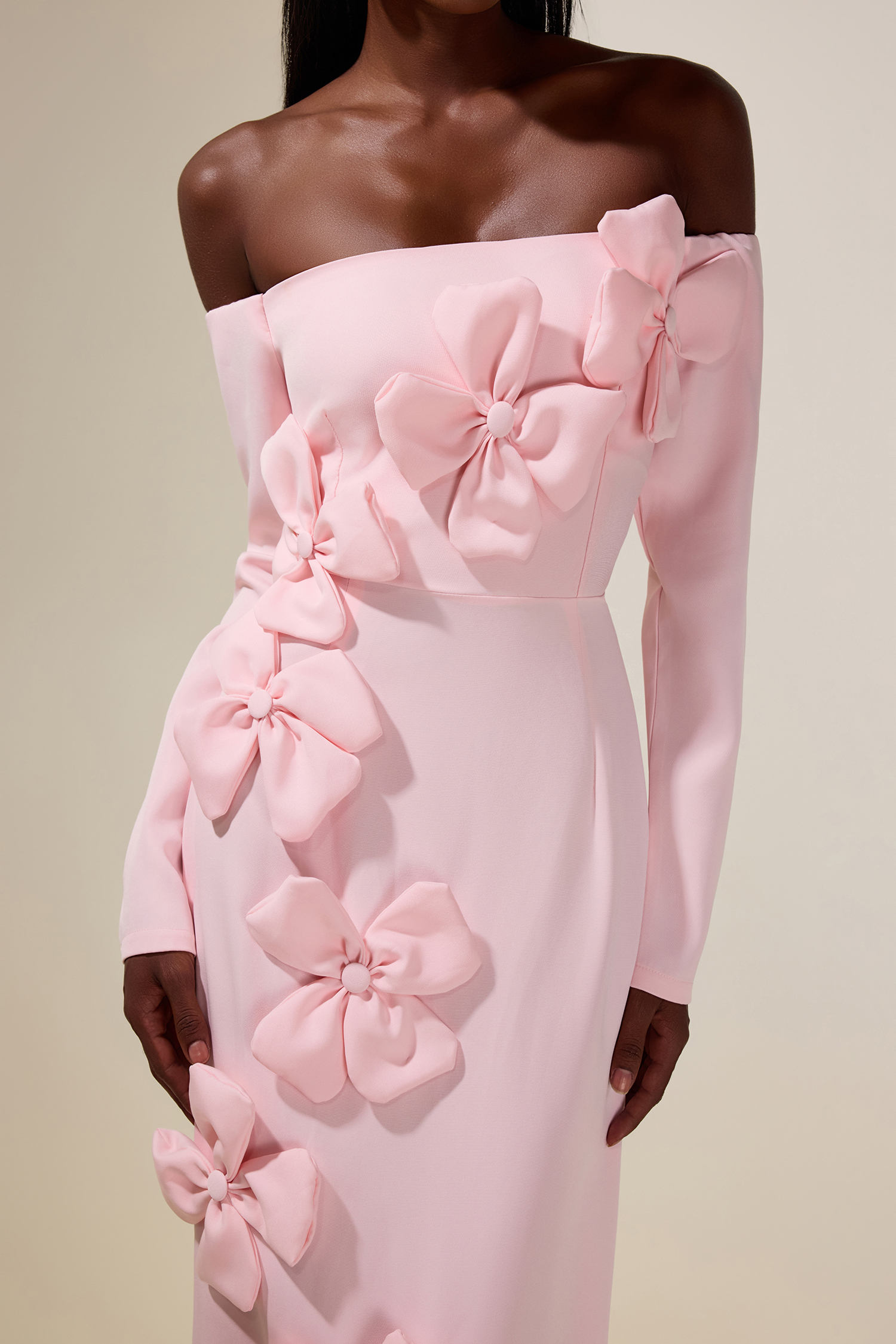 Solid 3D Flower Off-Shoulder Midi Dress Solid 3D Flower Off-Shoulder Midi Dress