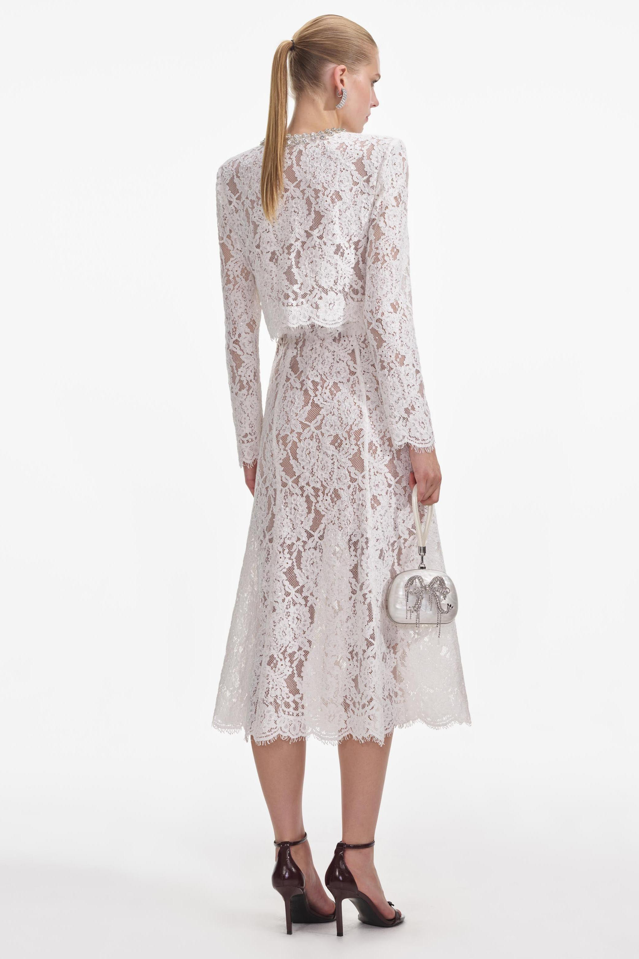 Lace Sequin Rhinestone Long Sleeve Top & High Waist Midi Skirt Set