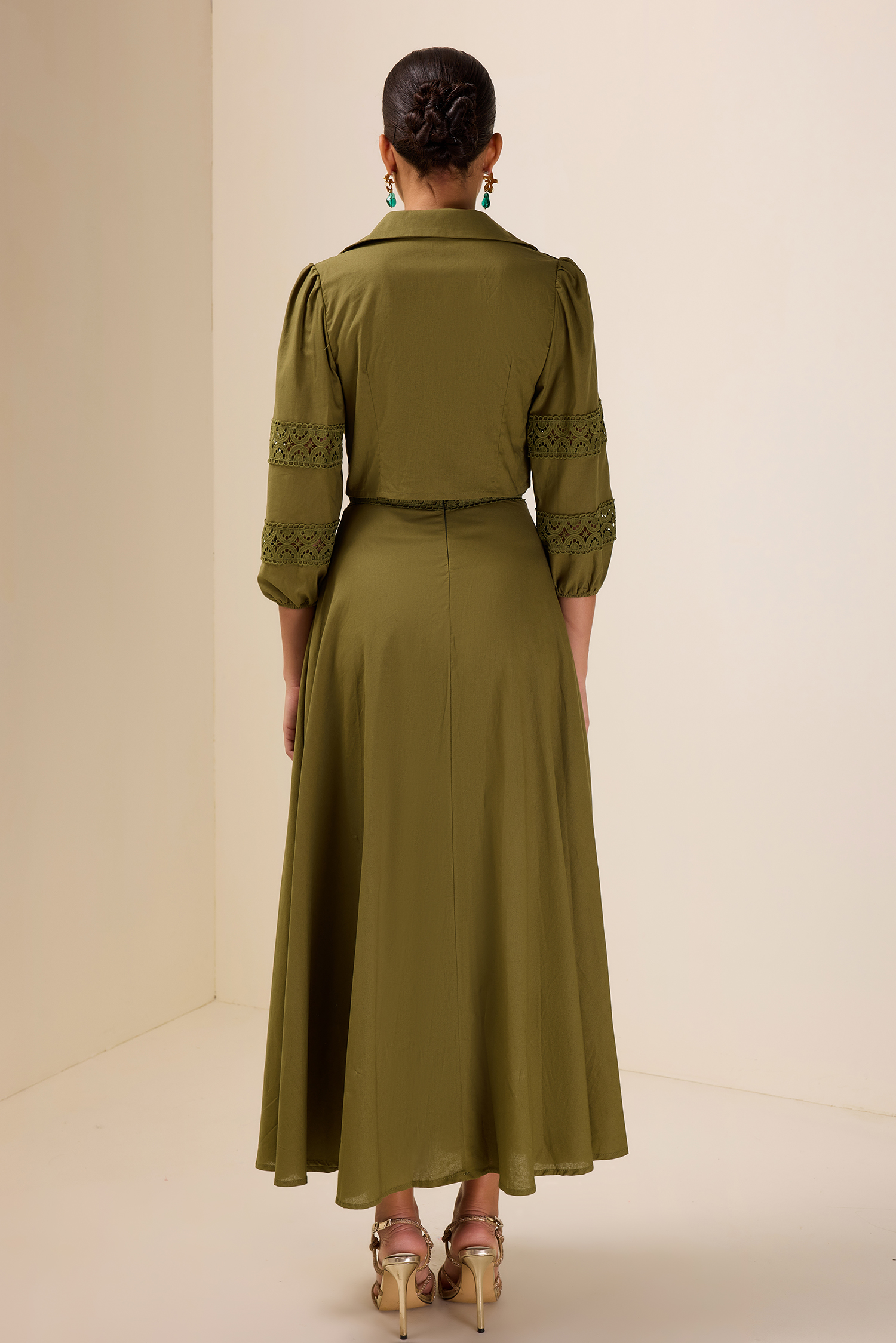 Lace Shirt Collar Lace Up Mini Top & Slip Midi Dress Set