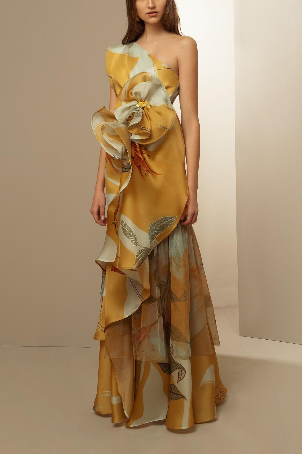 3D Floral One-Shoulder Ruffle Maxi Dress 3D Floral One-Shoulder Ruffle Maxi Dress
