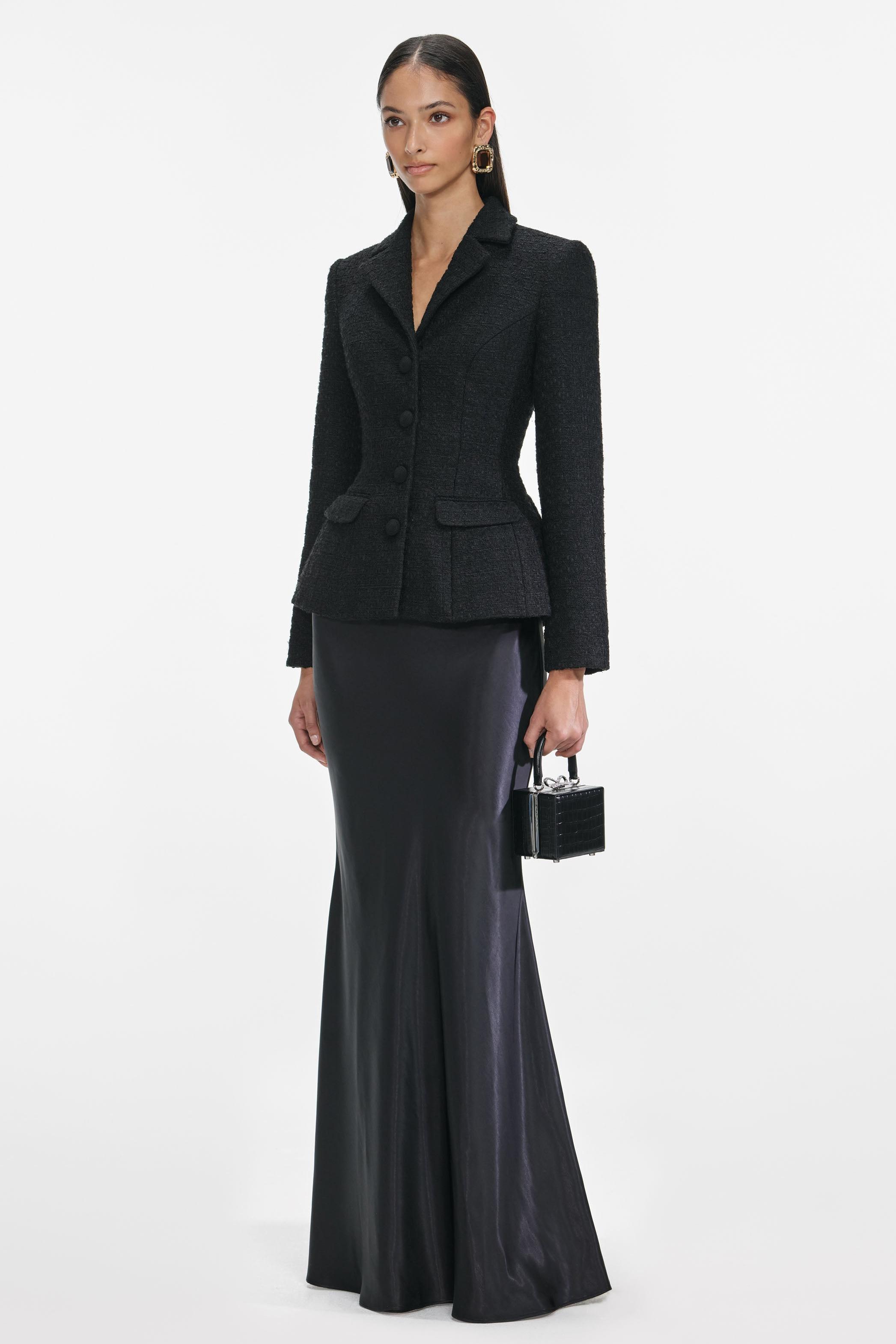 Tweed Single Breasted Tailored Collar Blazer & Satin High Waist Maxi Skirt Set