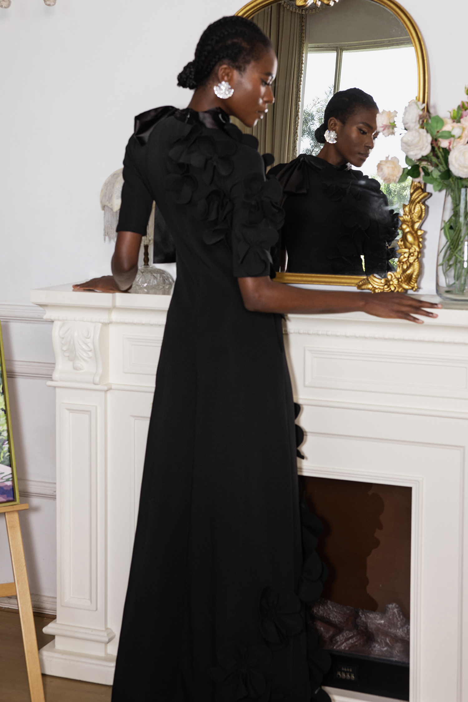 3D Flower Lace Up Mid Sleeve Maxi Dress 3D Flower Lace Up Mid Sleeve Maxi Dress