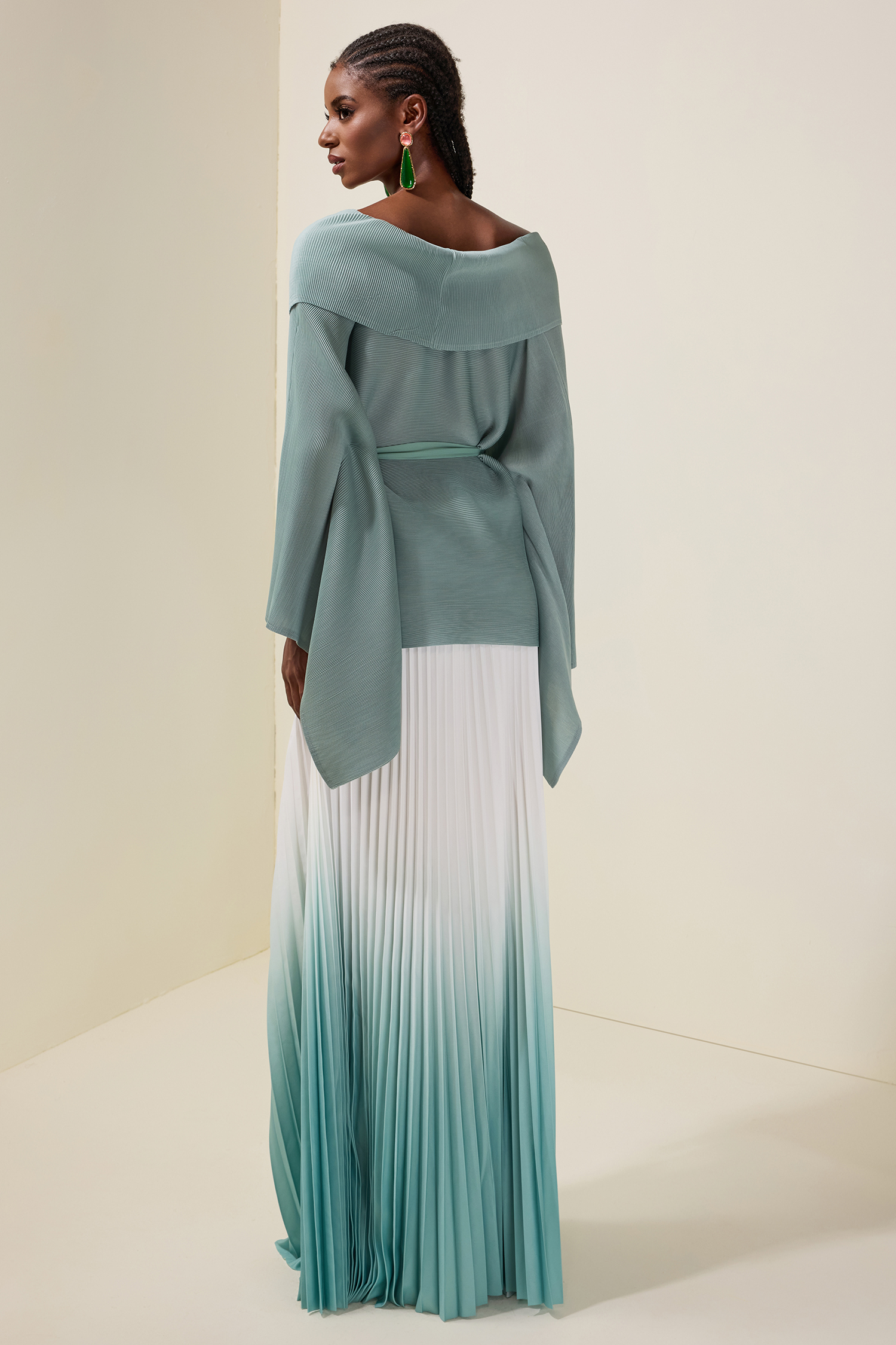 Pleated Wrap Top & Gradient Color Mid Waist Skirt Set