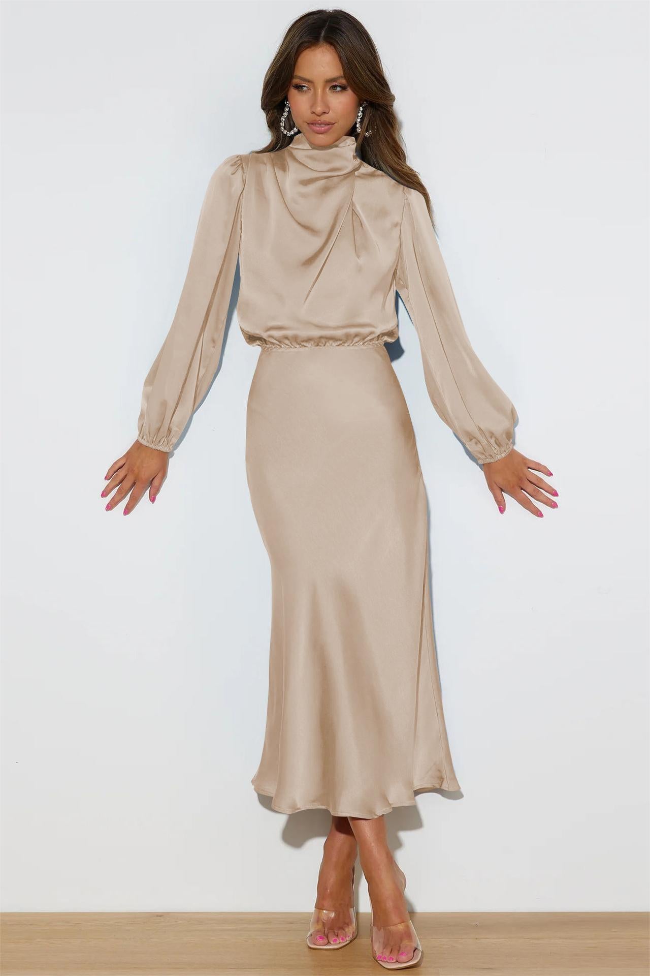 Satin High Neck Long Sleeve Midi Dress Satin High Neck Long Sleeve Midi Dress