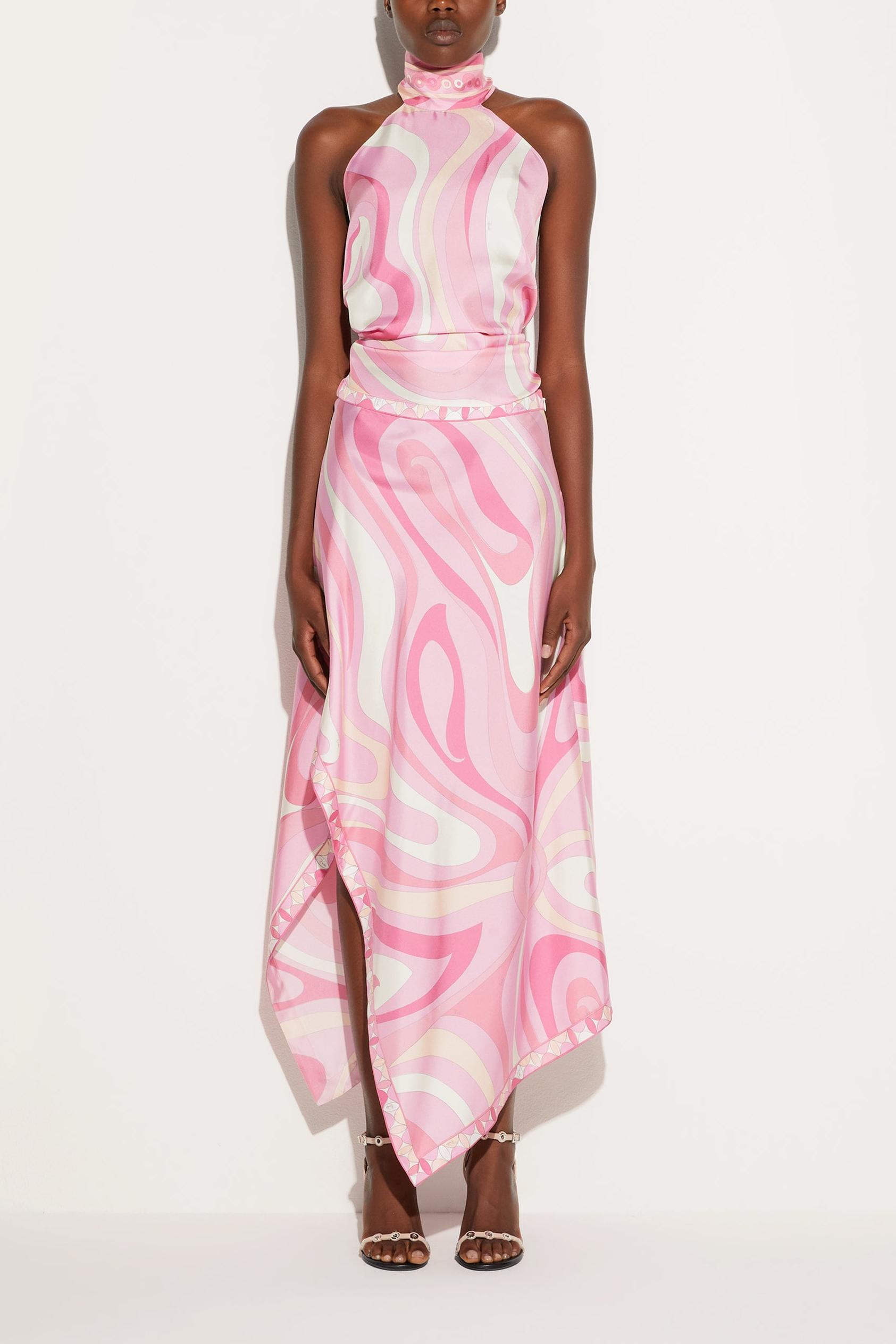 Satin Halter Neck Mini Top & Scarf Print Mid Waist Midi Skirt Set