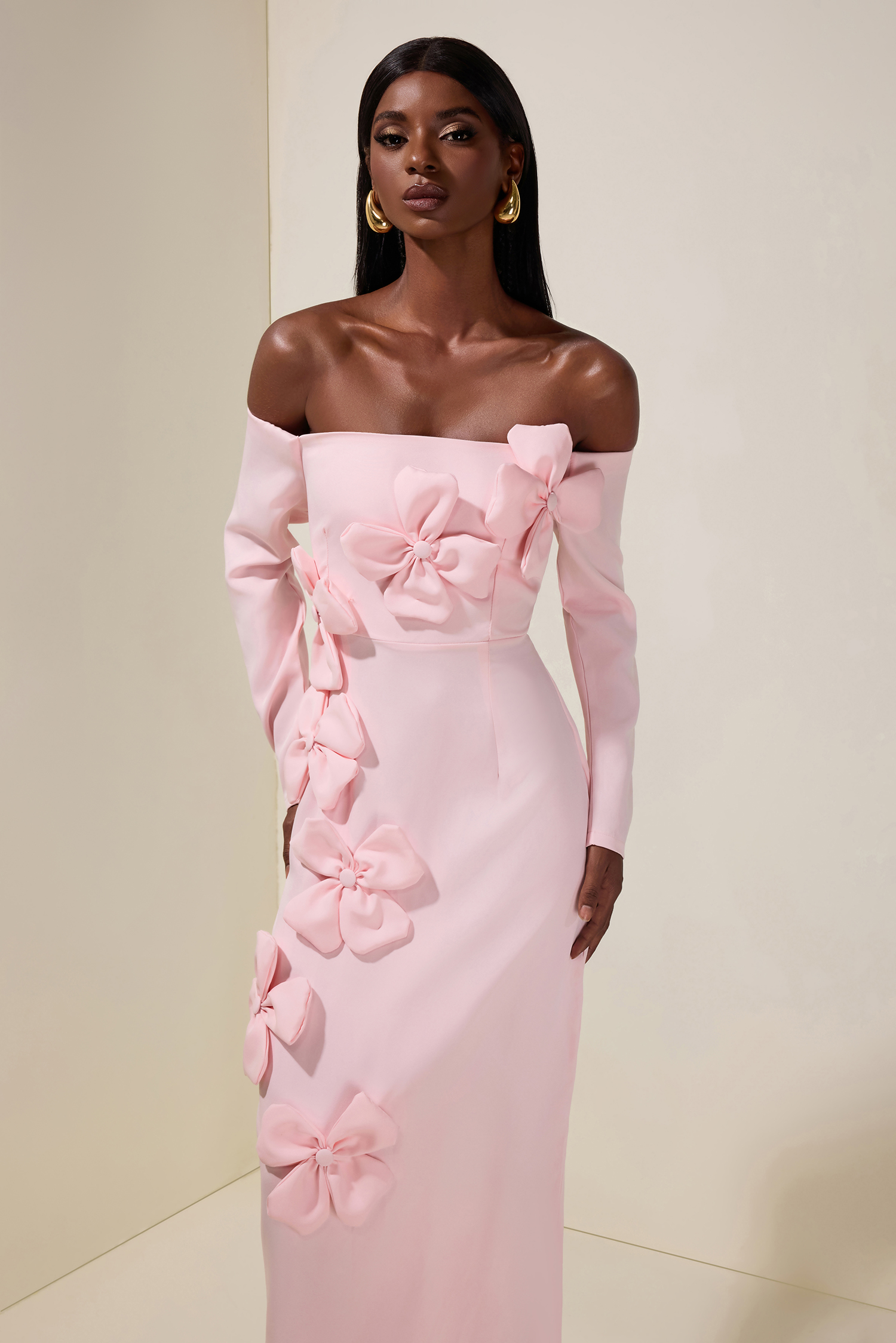Solid 3D Flower Off-Shoulder Midi Dress Solid 3D Flower Off-Shoulder Midi Dress