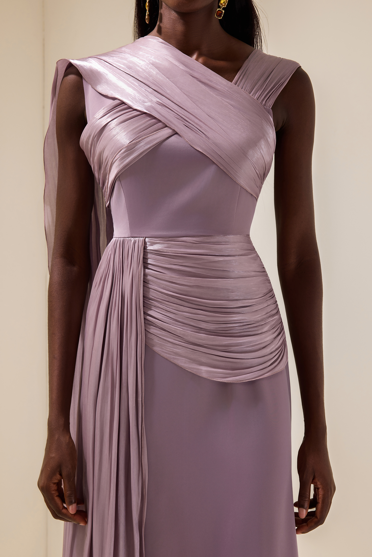 Satin Gathering Cape Sleeve Midi Dress Satin Gathering Cape Sleeve Midi Dress
