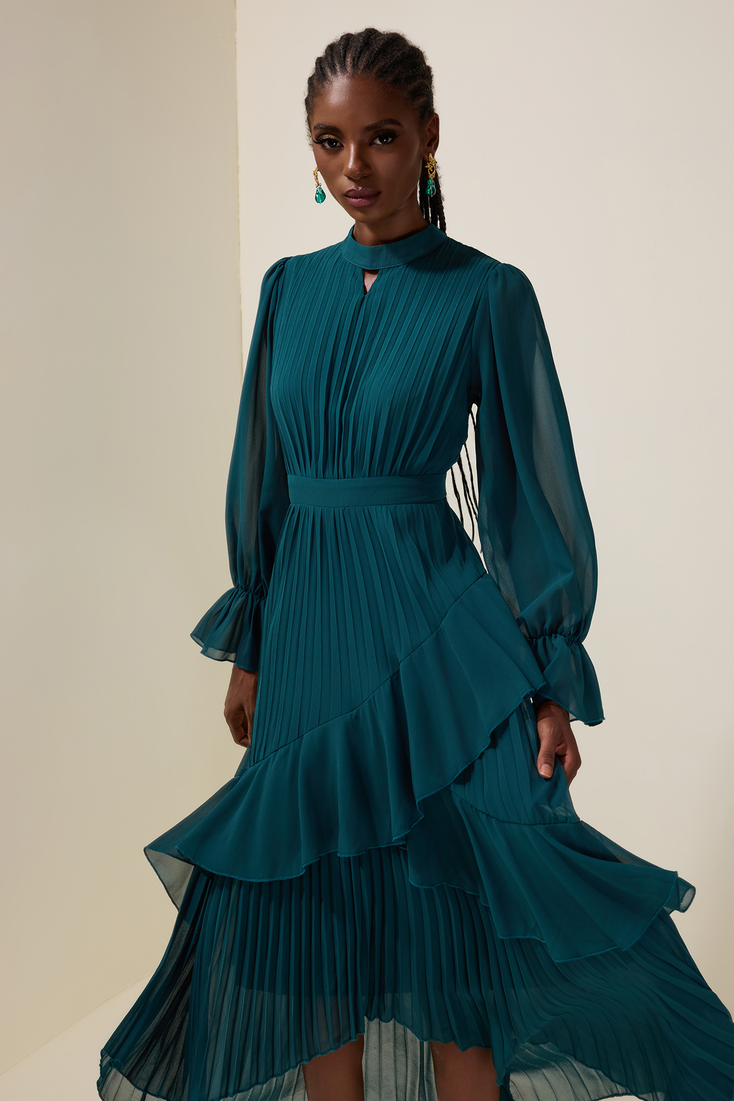 Chiffon Ruffle Pleated Midi Dress Chiffon Ruffle Pleated Midi Dress