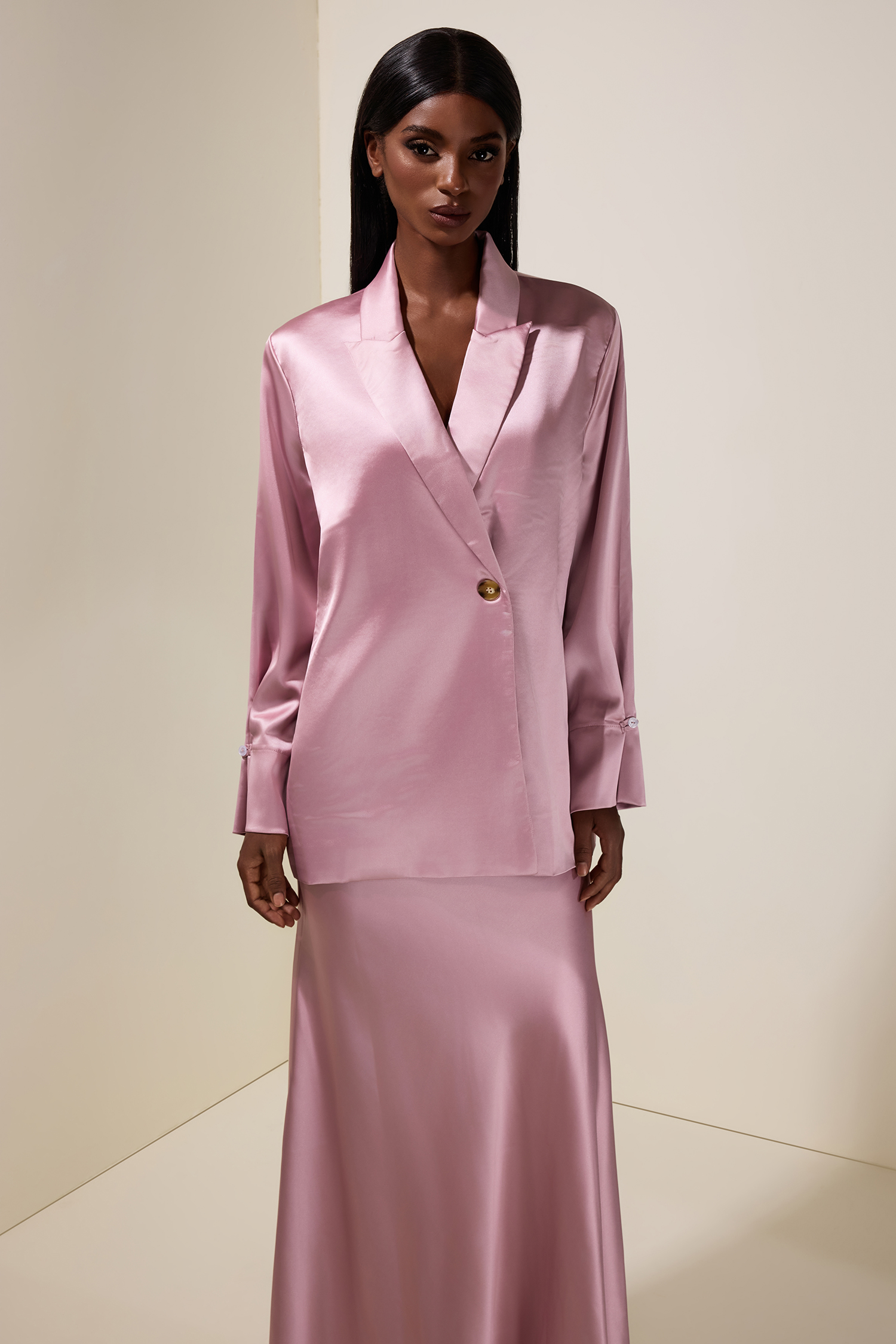 Satin Button Blazer & High Waist Maxi Skirt Set