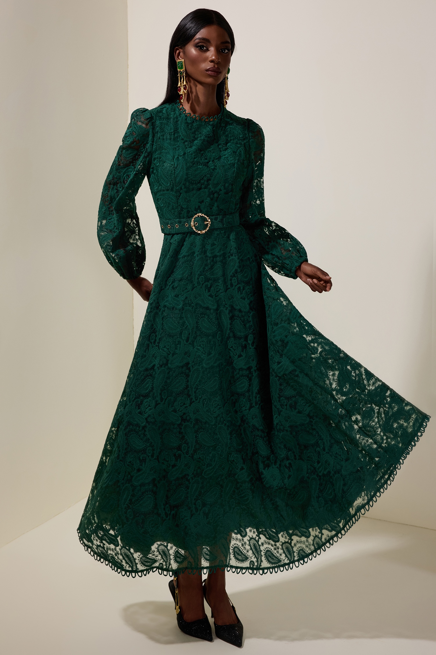 Lace Round Neck Midi Dress With Belt Lace Round Neck Midi Dress With Belt