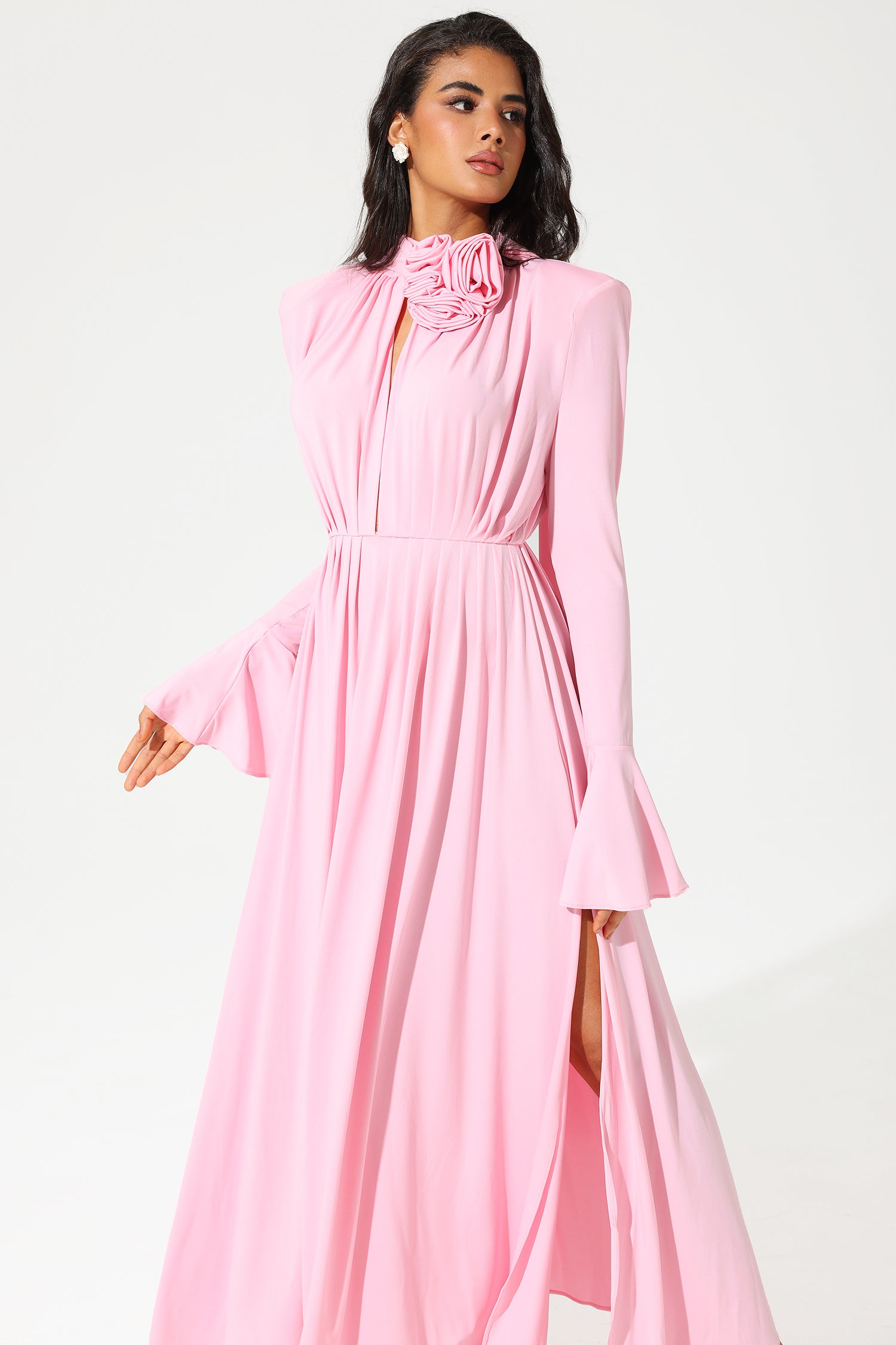 Lantern Sleeve High Collar Flower Slit Midi Dress Lantern Sleeve High Collar Flower Slit Midi Dress