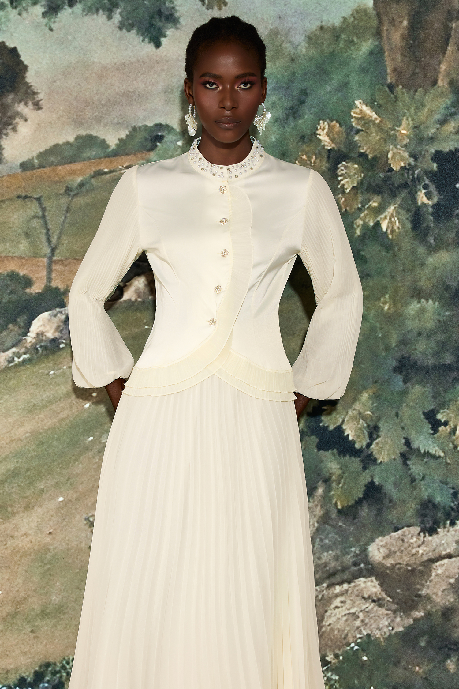 Chiffon Splicing Satin Top & High Waist Pleated Maxi Skirt Set