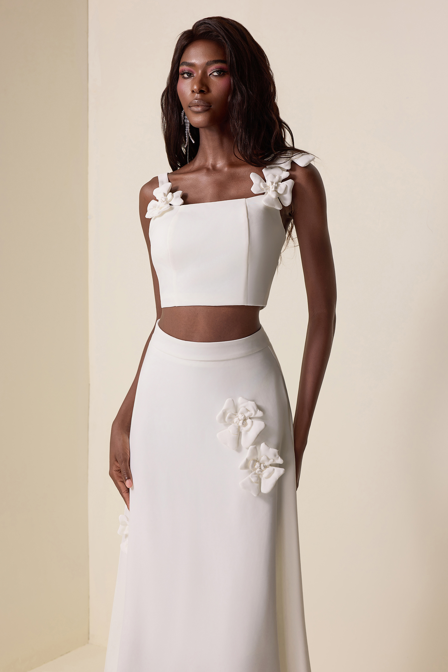 3D Flower Square Collar Solid Top & High Waist Skirt Set