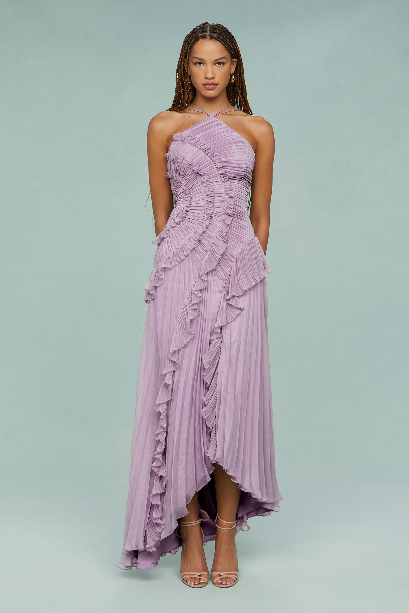 Pleated Frill Halter Neck Midi Dress Pleated Frill Halter Neck Midi Dress