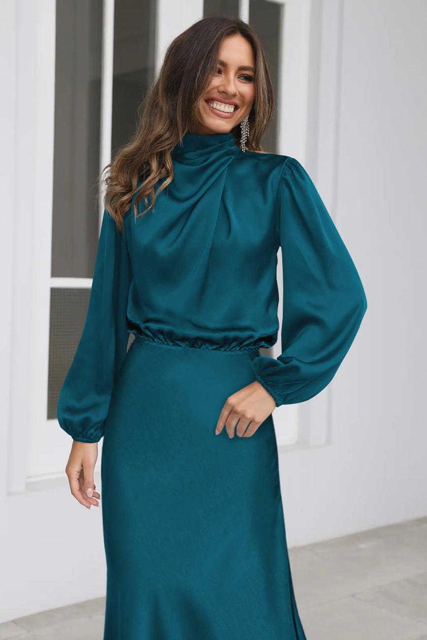 Satin High Neck Long Sleeve Midi Dress Satin High Neck Long Sleeve Midi Dress
